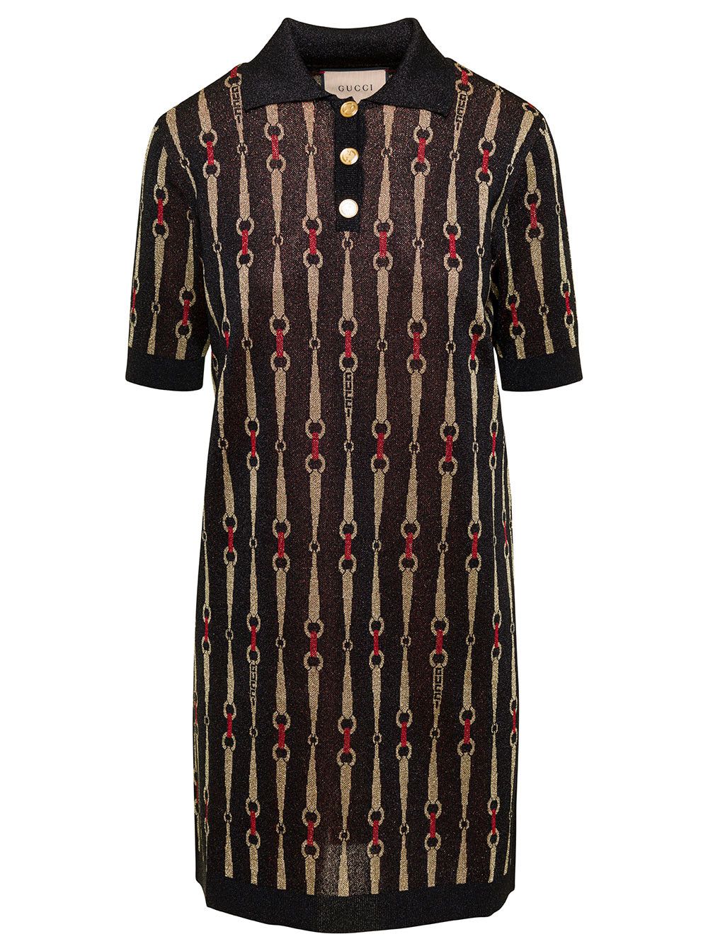 Gucci Mini Black Dress with Short Sleeves and All-Over Horsebit Print in Lurex Woman Size M / US 6-8 / IT 42-44 - 1 Thumbnail