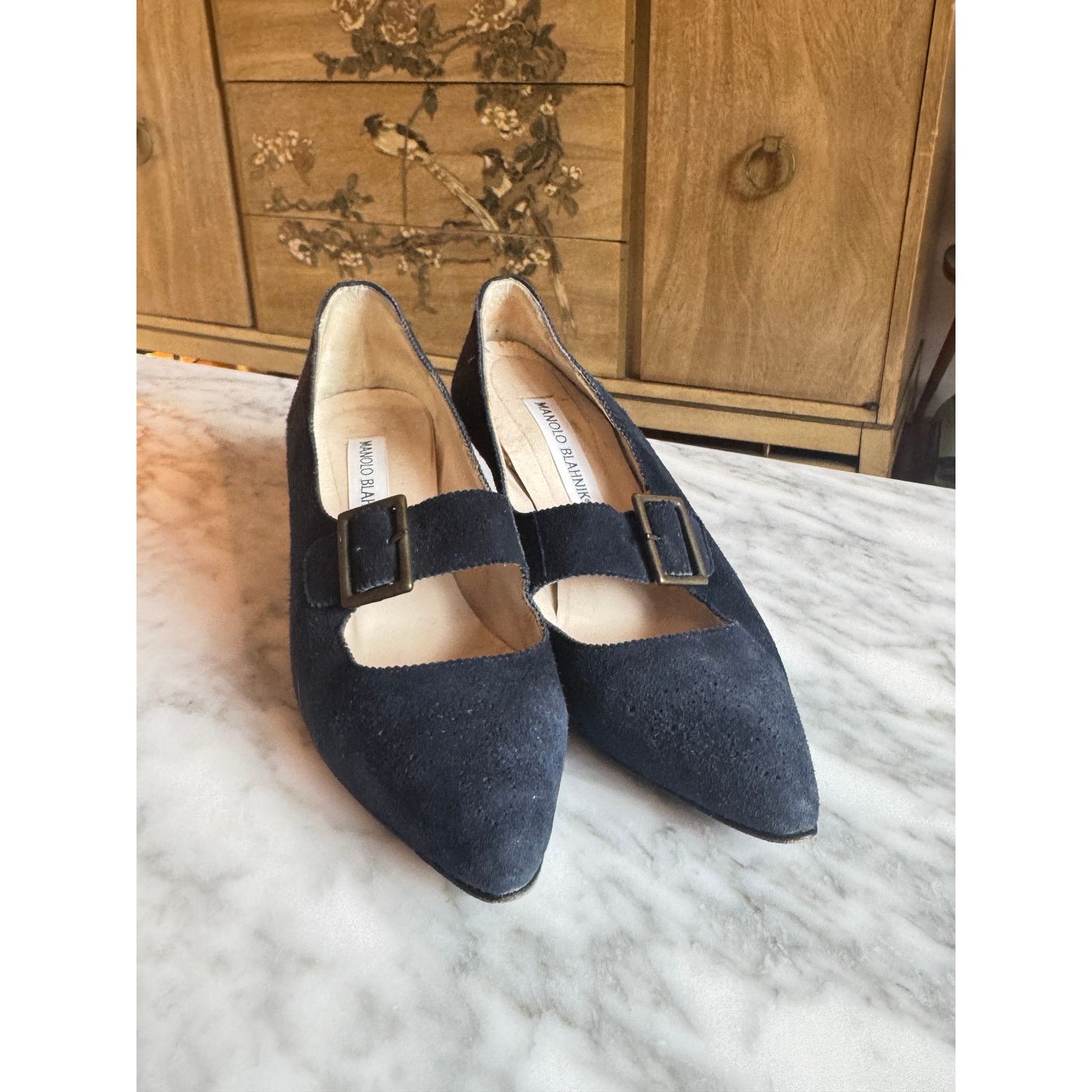 Manolo Blahnik Manolo Blanik Navy Blue Suede Heels with Buckle detail Size US 6 / IT 36 - 1 Thumbnail