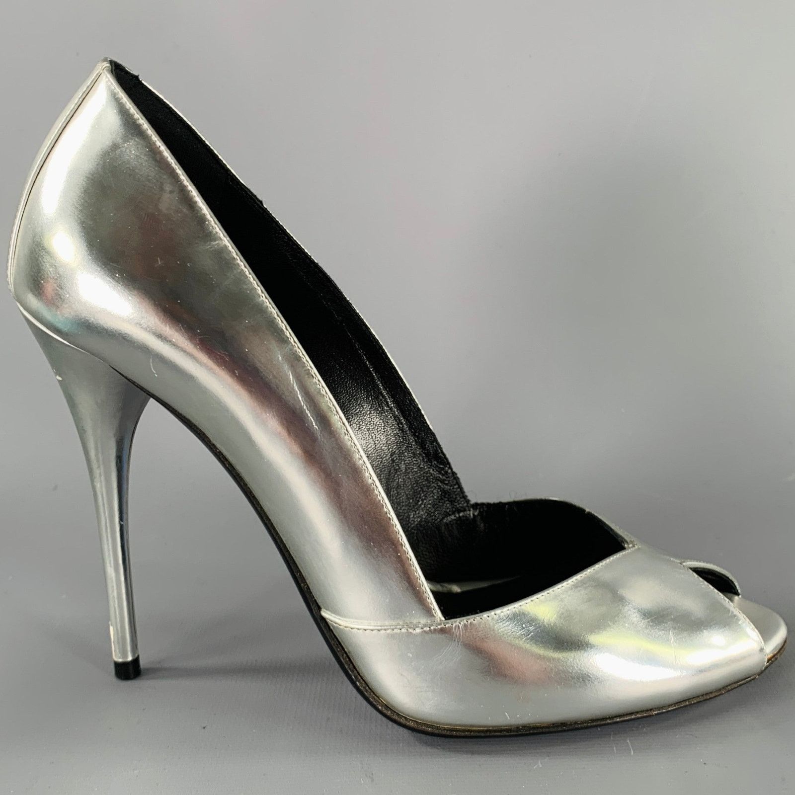 Balmain BALMAIN Size 6 Silver Patent Leather Peep Toe Heels Pumps Size US 6 / IT 36 - 2 Thumbnail