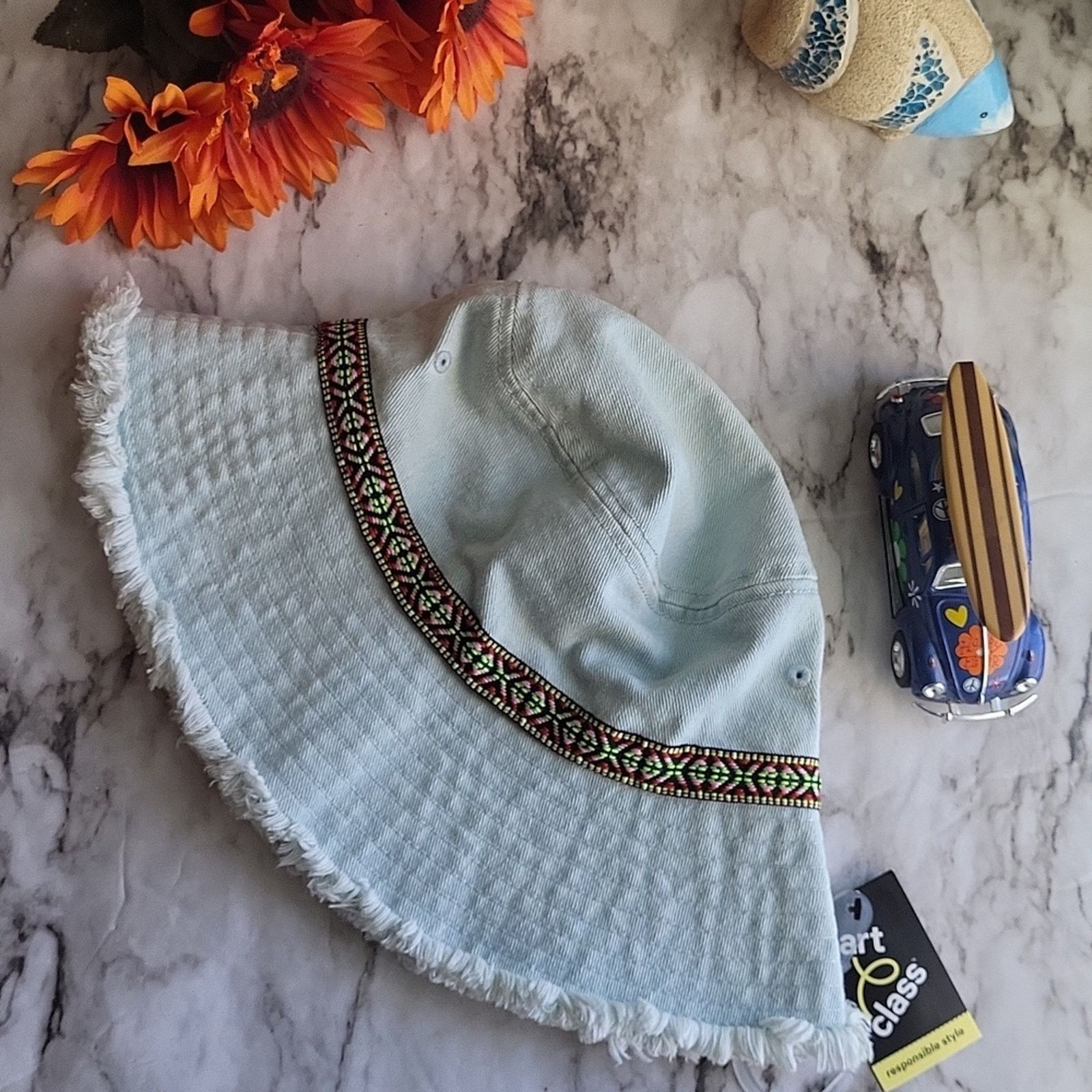 The Unbranded Brand Light Blue Jeans Bucket Hat with Patterned Band Size ONE SIZE - 5 Thumbnail