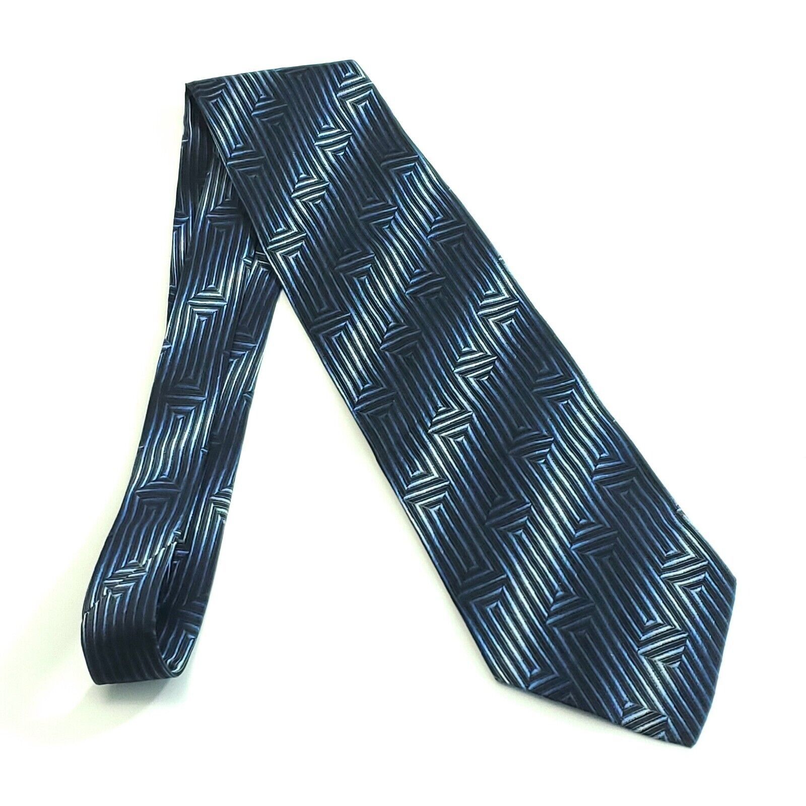Designer Pavone Silk Tie Blue Black Metallic Abstract Woven Wide Ital Size ONE SIZE - 1 Thumbnail