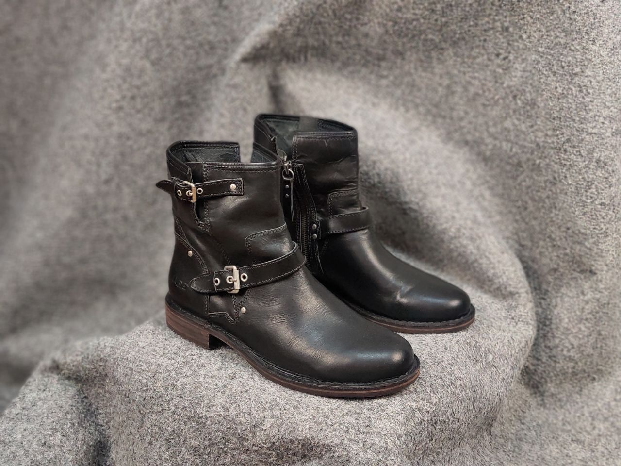 image of Designer Ugg Australia Fabrizia Buckle Biker Ankle Leather Boots in Black, Women's (Size 10)