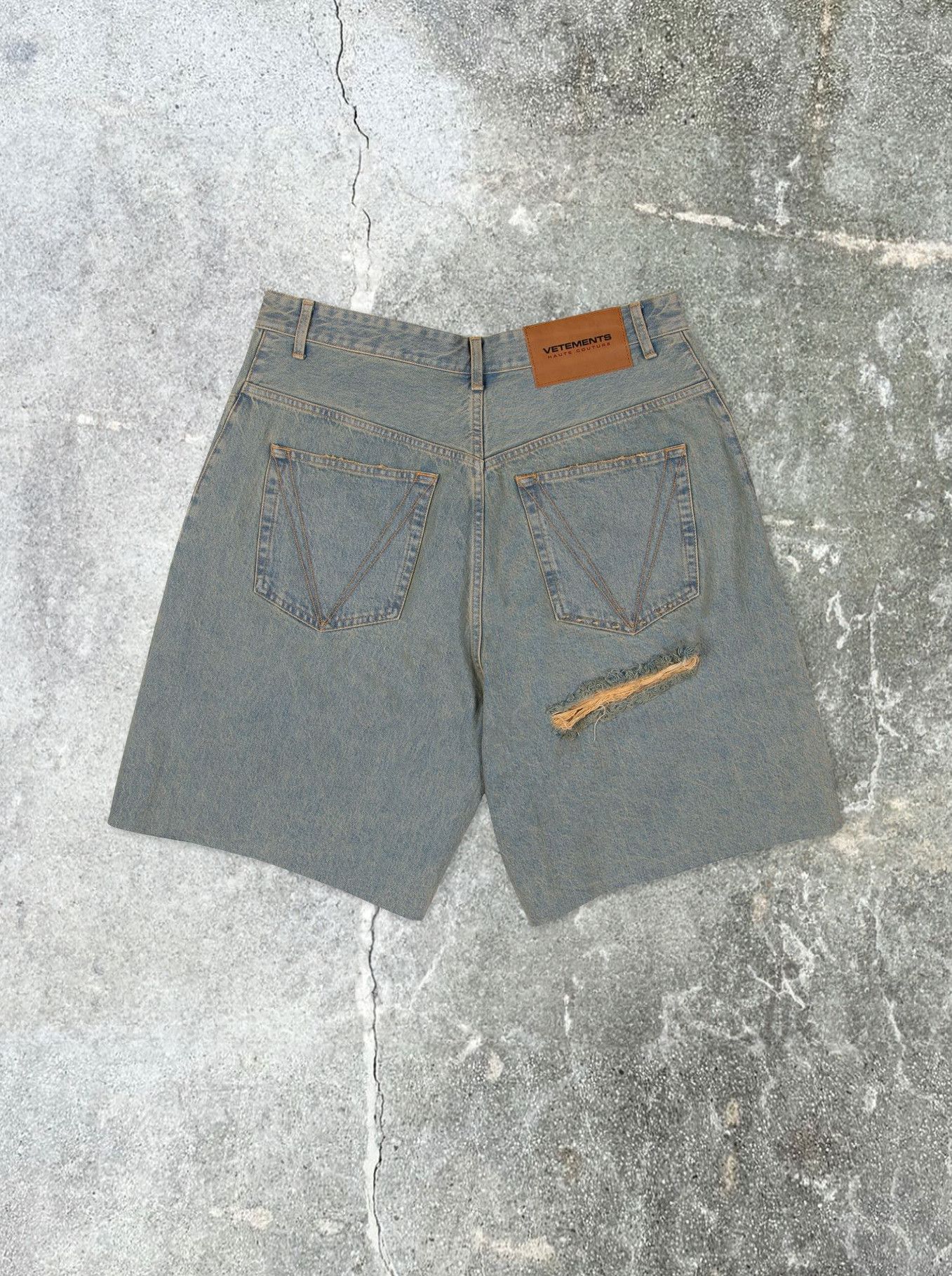 image of Vetements Destroyed Baggy Shorts in Blue Denim, Men's (Size 36)