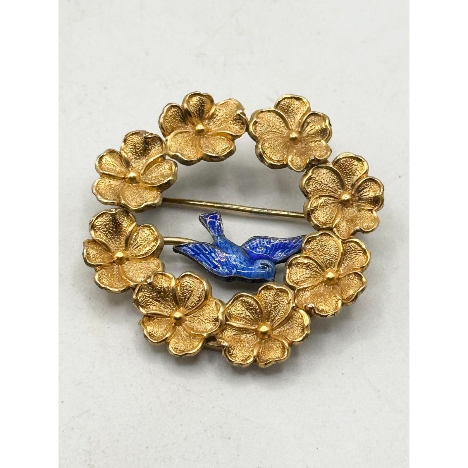 Vintage Wells gold filled blue Guilloche enamel swallow bird wreath Size ONE SIZE - 2 Thumbnail