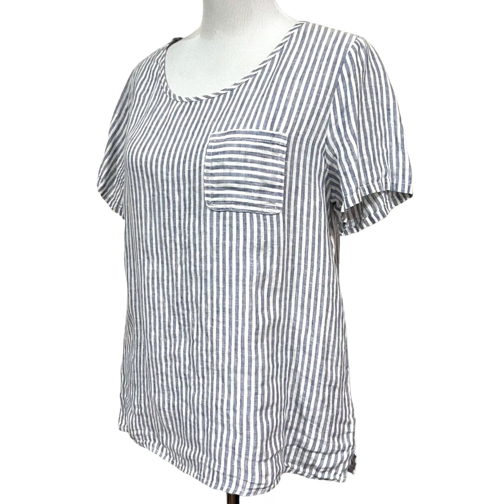 Christian Siriano Christian Siriano Blouse Shirt Womens M Blue Striped Linen Short Sleeve Pullover 100% Linen Size M / US 6-8 / IT 42-44 - 3 Thumbnail