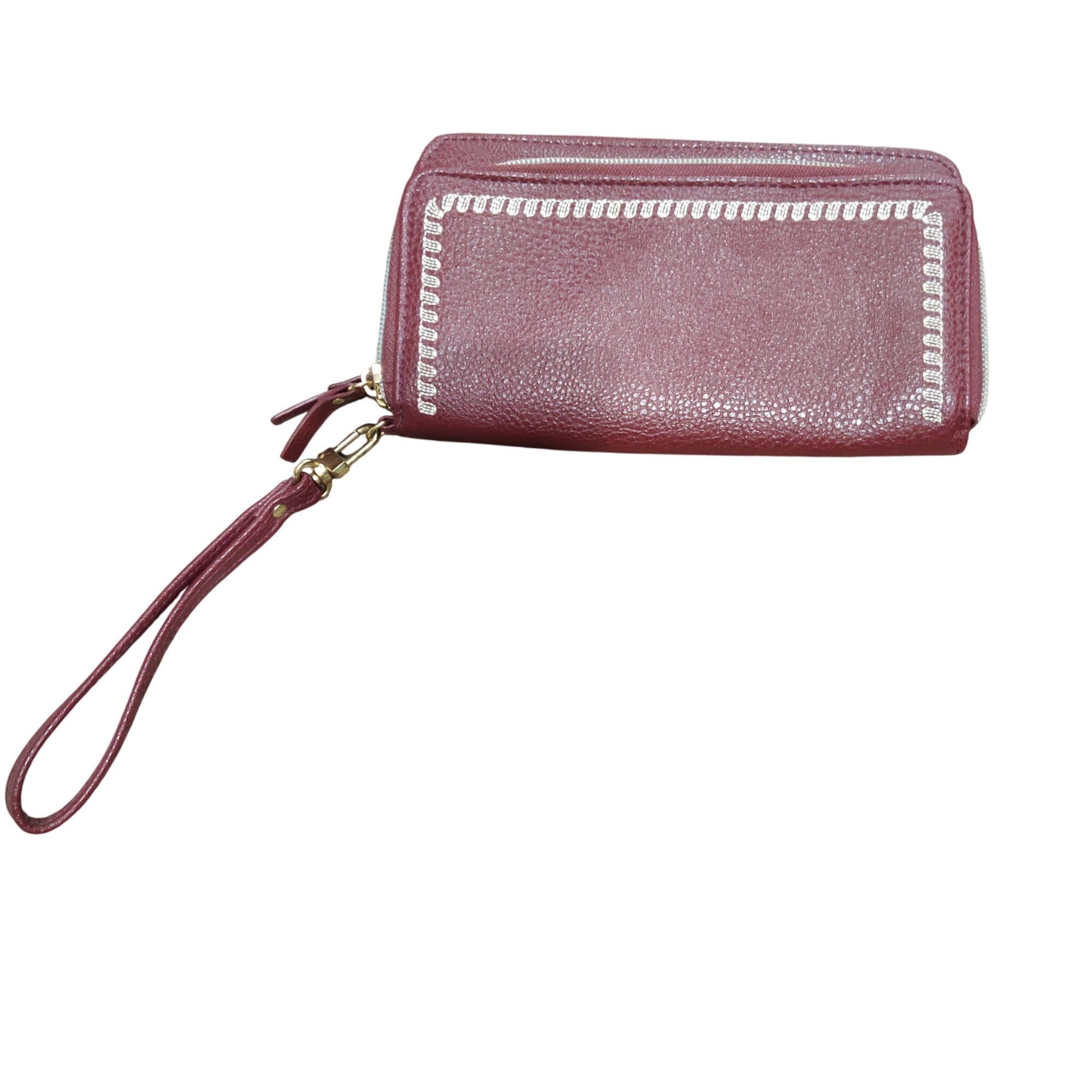 Other Burgundy Pebbled Faux Leather Zip Wallet Embroidered Wristle Size ONE SIZE - 3 Thumbnail