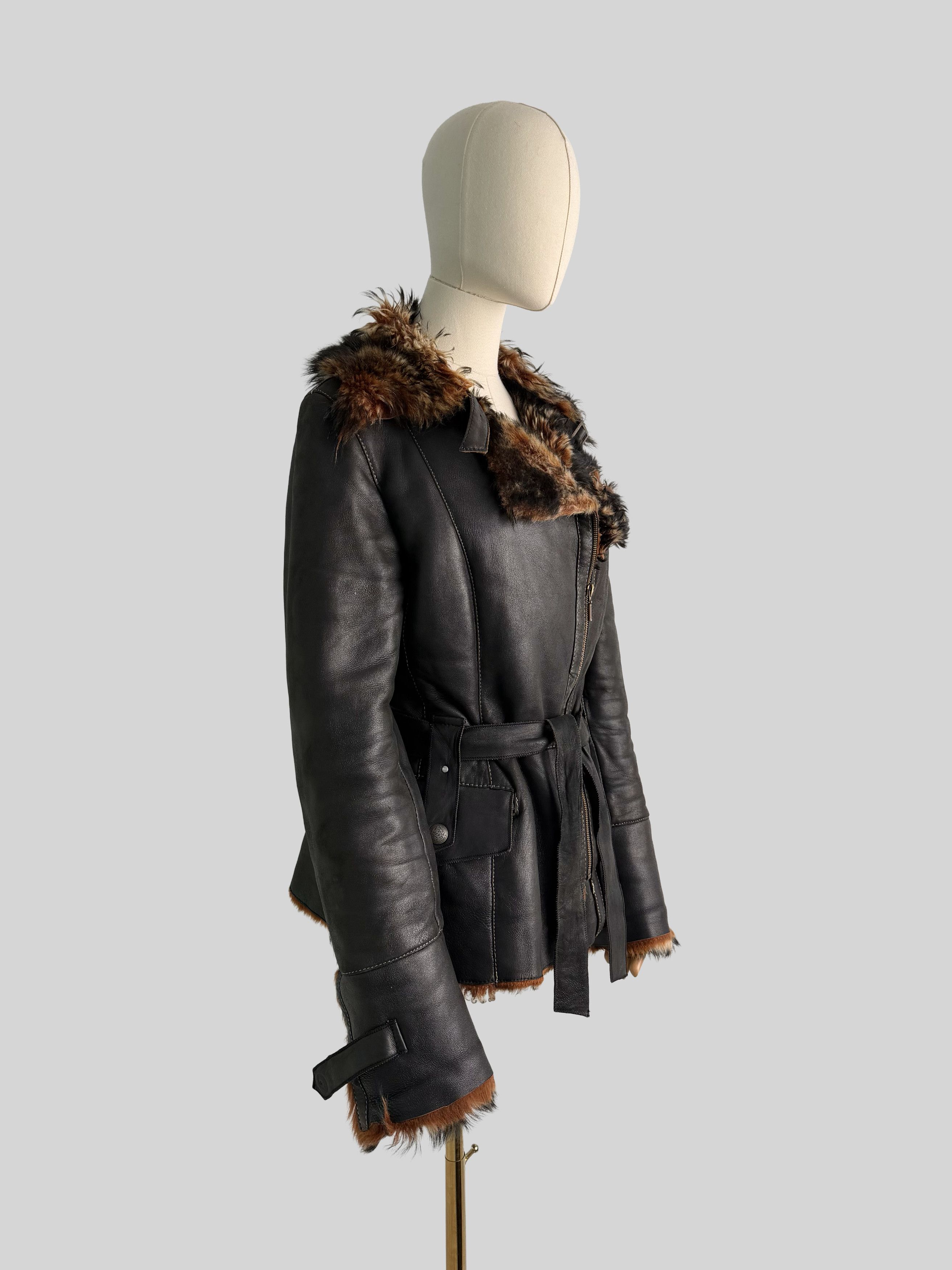 Vintage Vintage Sheepskin Jacket Belted Y2K Moto Biker Coat (ET1) Size S / US 4 / IT 40 - 2 Thumbnail