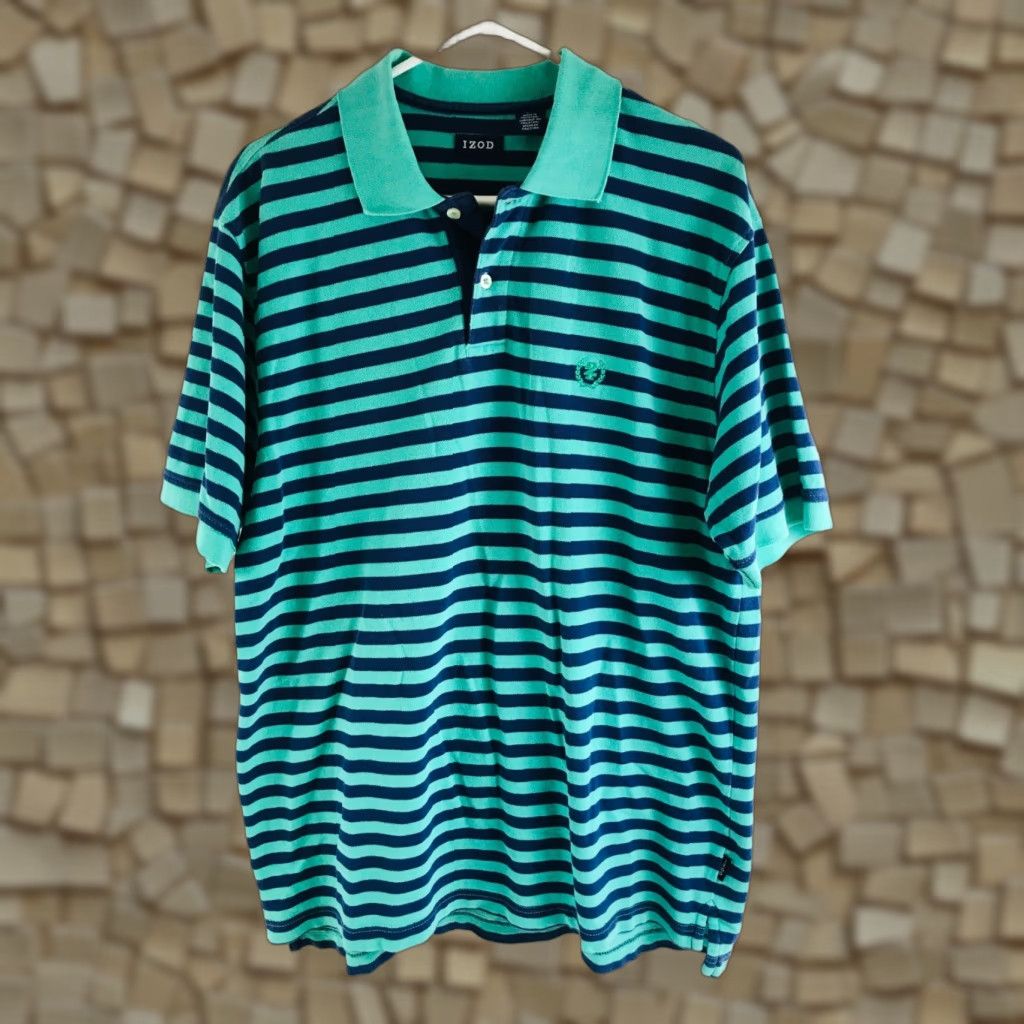 Izod VINTAGE IZOD Polo Shirt Mens XL Navy Blue Green Striped Short Sleeve Collared Size US XL / EU 56 / 4 - 1 Thumbnail