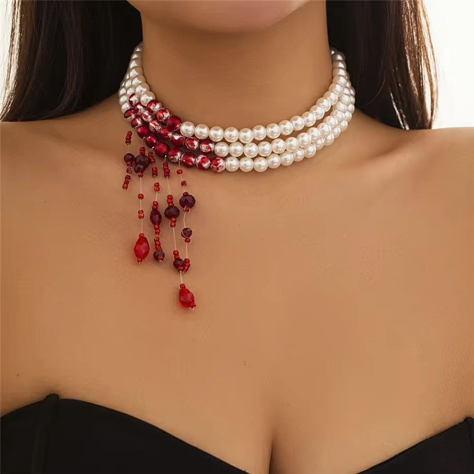 Other Red Blood Pattern Imitation Pearl Necklace Size ONE SIZE - 1 Thumbnail
