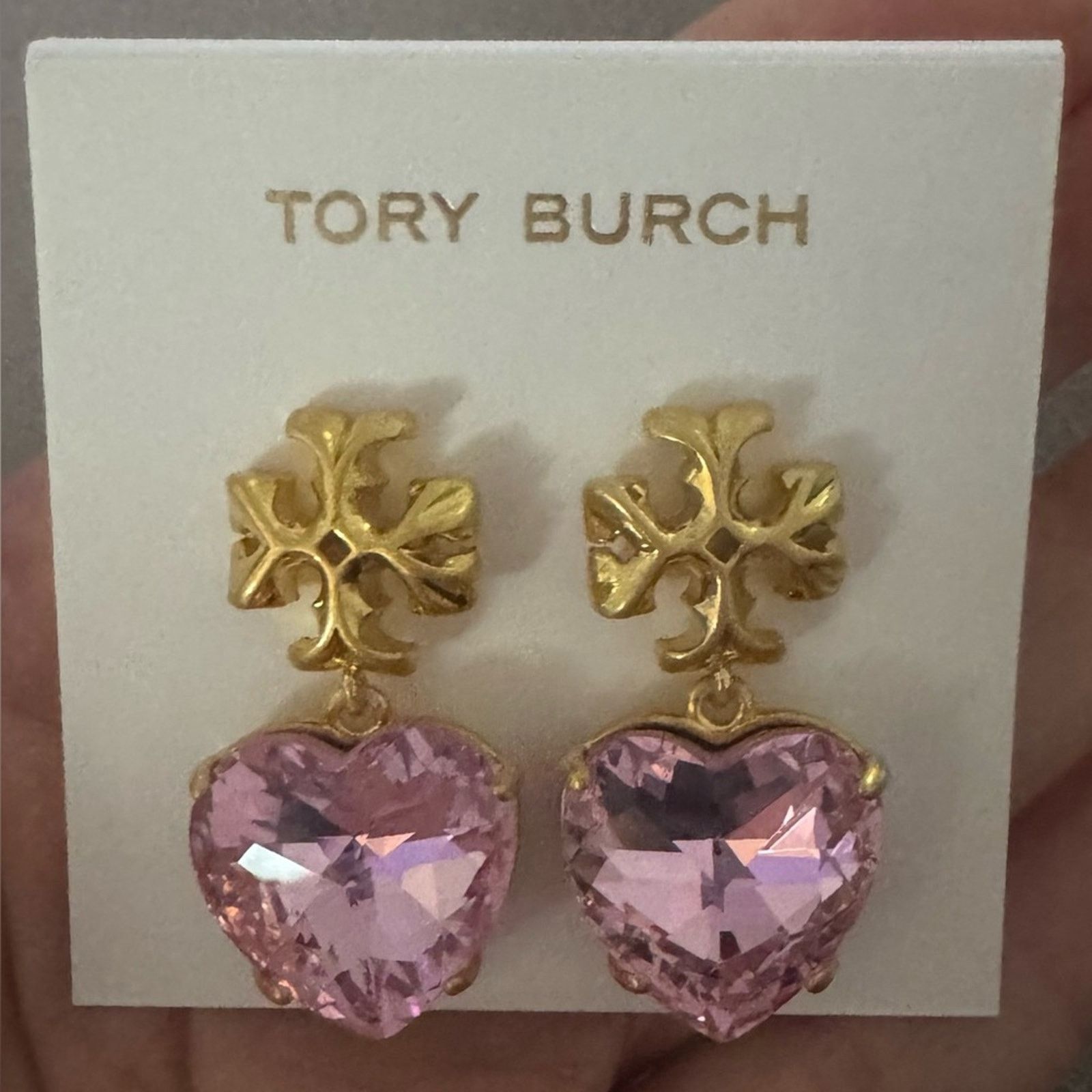 Tory Burch NEW Tory Burch $148 Gold and Pink Crystal Heart Earrings Size ONE SIZE - 4 Thumbnail