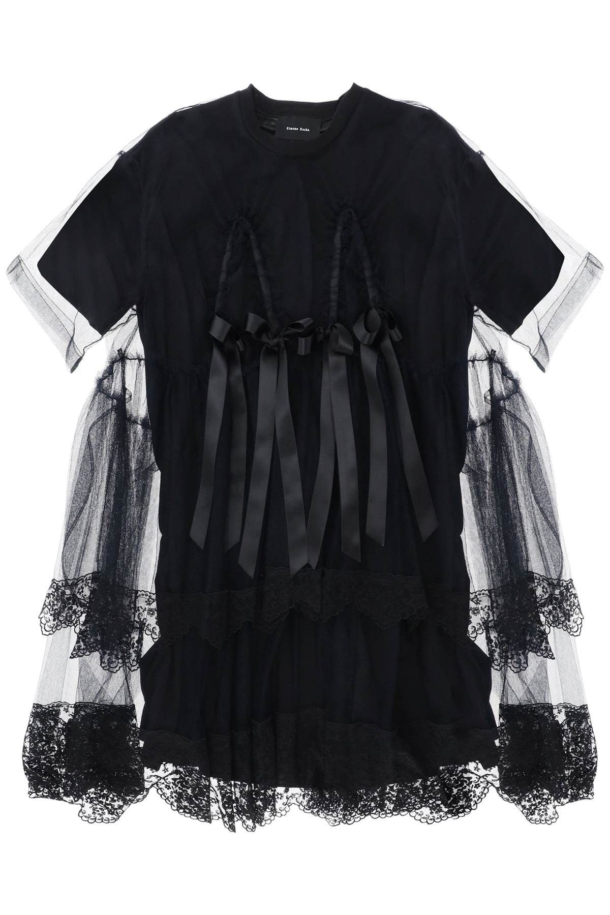 image of Simone Rocha Midi Dress In Mesh With Lace And Bows in Nero, Women's (Size Small)