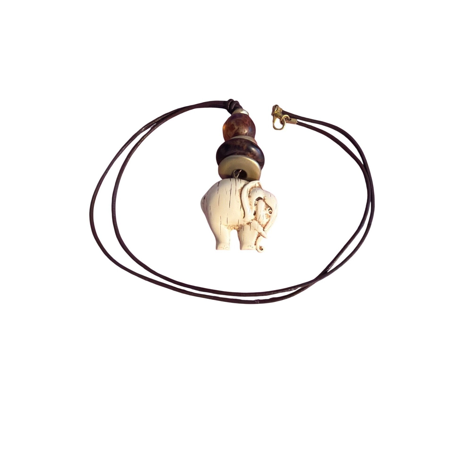 Other Vintage Elephant Pendant Necklace Leather Cord Beads Gold To Size ONE SIZE - 1 Thumbnail