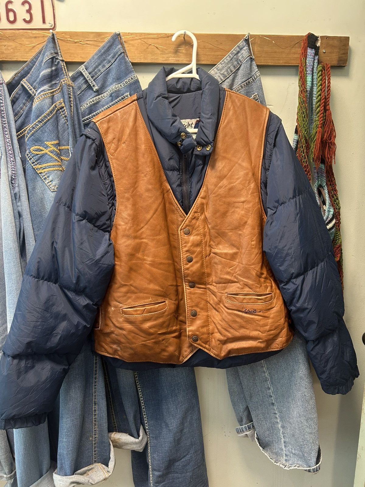 ジャケット・アウター 80s vintage schott  down jacket M Schott Vintage 80s Leather Down Green Puffer Jacket M Size