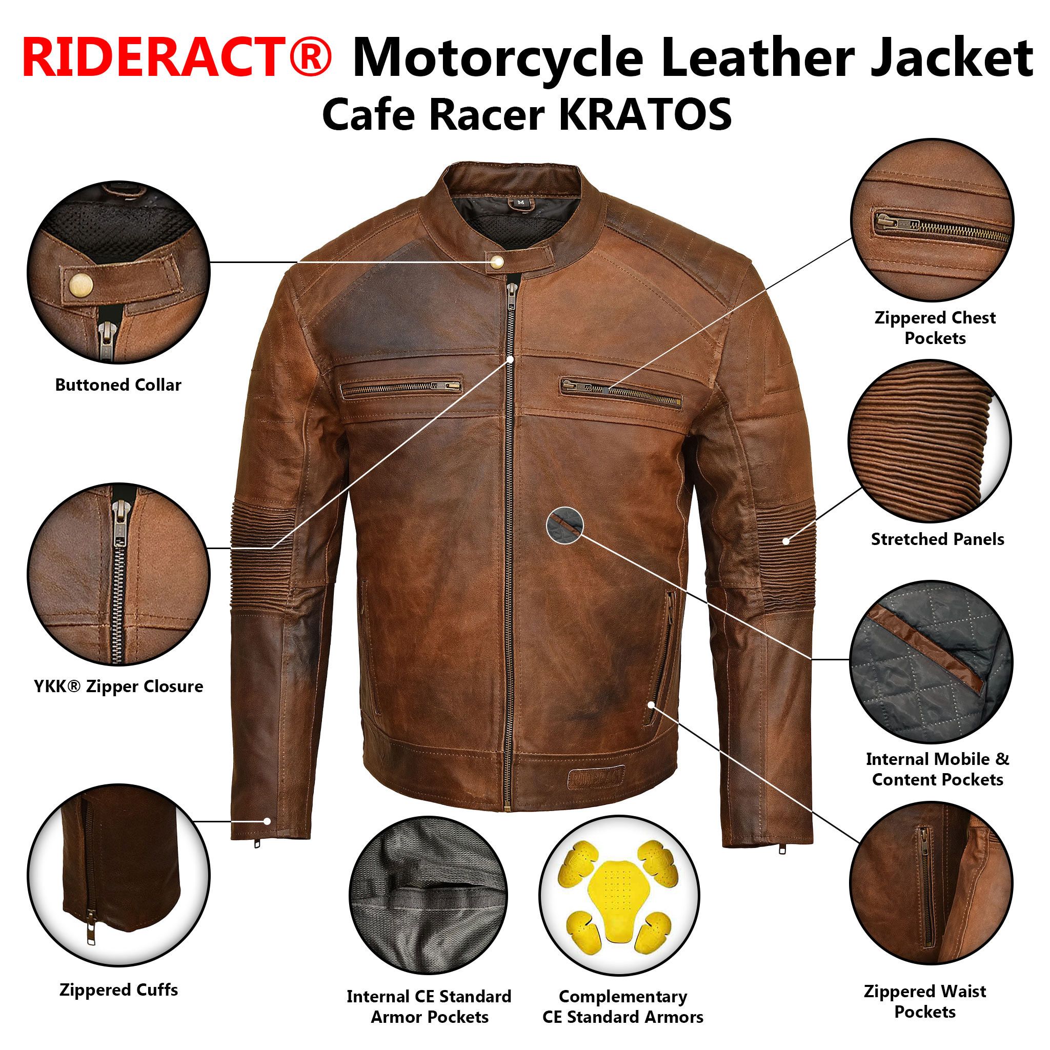 Other RIDERACT® Men's Leather Motorcycle Jacket Cafe Racer KRATOS Size US XS / EU 42 / 0 - 6 Thumbnail