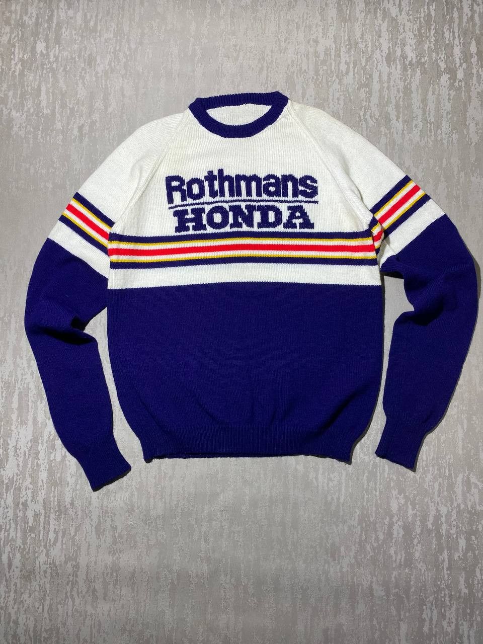image of 80's Vintage Knit Sweatshirt Rothmans Honda Hrc Crewneck in Blue, Men's (Size Large)