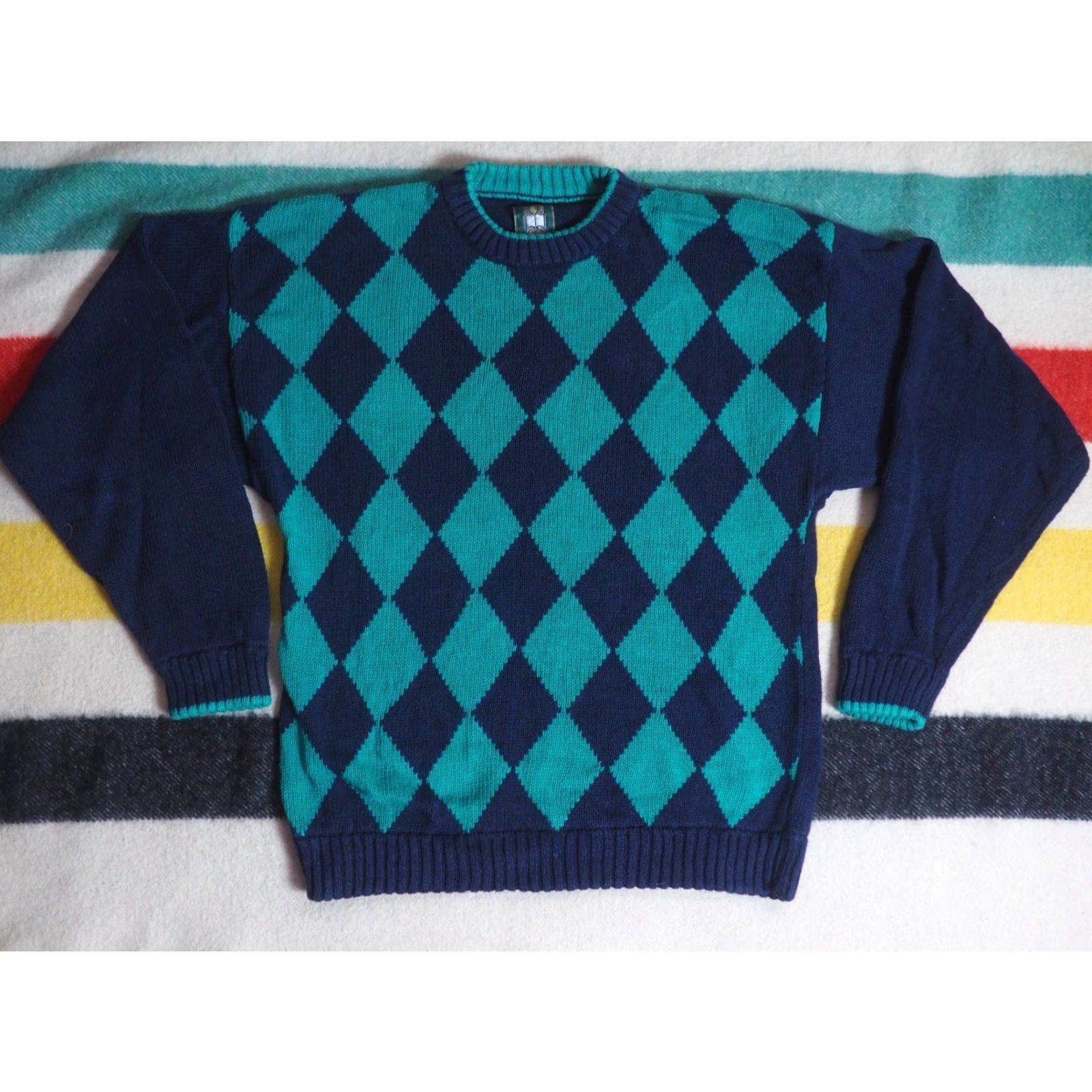 Vintage VINTAGE Generra Pullover Sweater Shirt Mens L 80s 90s Cotton Teal Blue Argyle Secretary/Geek Size US L / EU 52-54 / 3 - 2 Thumbnail