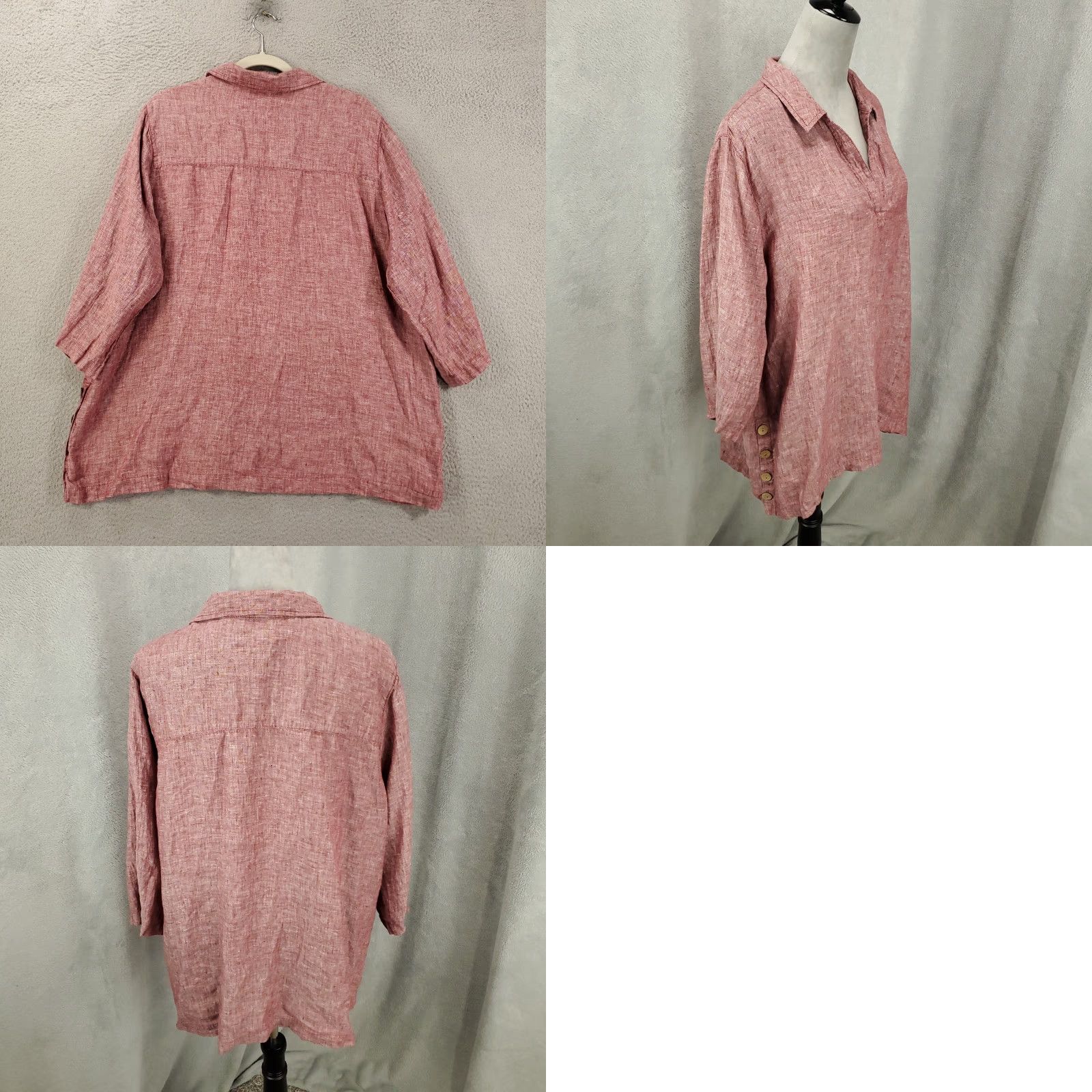 Pinko Sigrid Olsen 1X Pink Linen Blouse Casual Tunic 3/4 Sleeve Collared Button Accent Womens Size XL / US 12-14 / IT 48-50 - 8 Thumbnail
