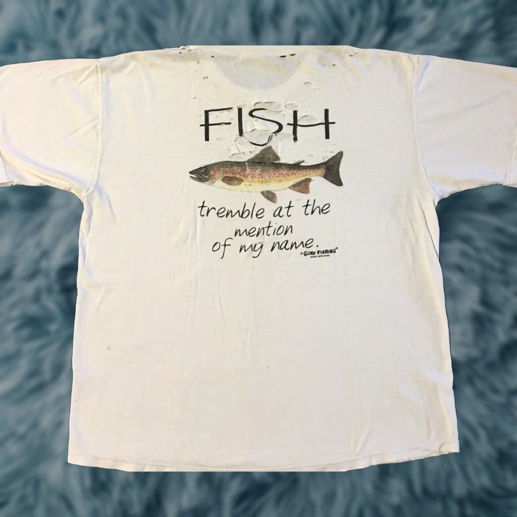 Thrasher VINTAGE Destroyed Shirt XL White Funny Joke "Fish Tremble At My Name" Grunge 90s Y2K Casual Mens Shirt Size US XL / EU 56 / 4 - 1 Thumbnail