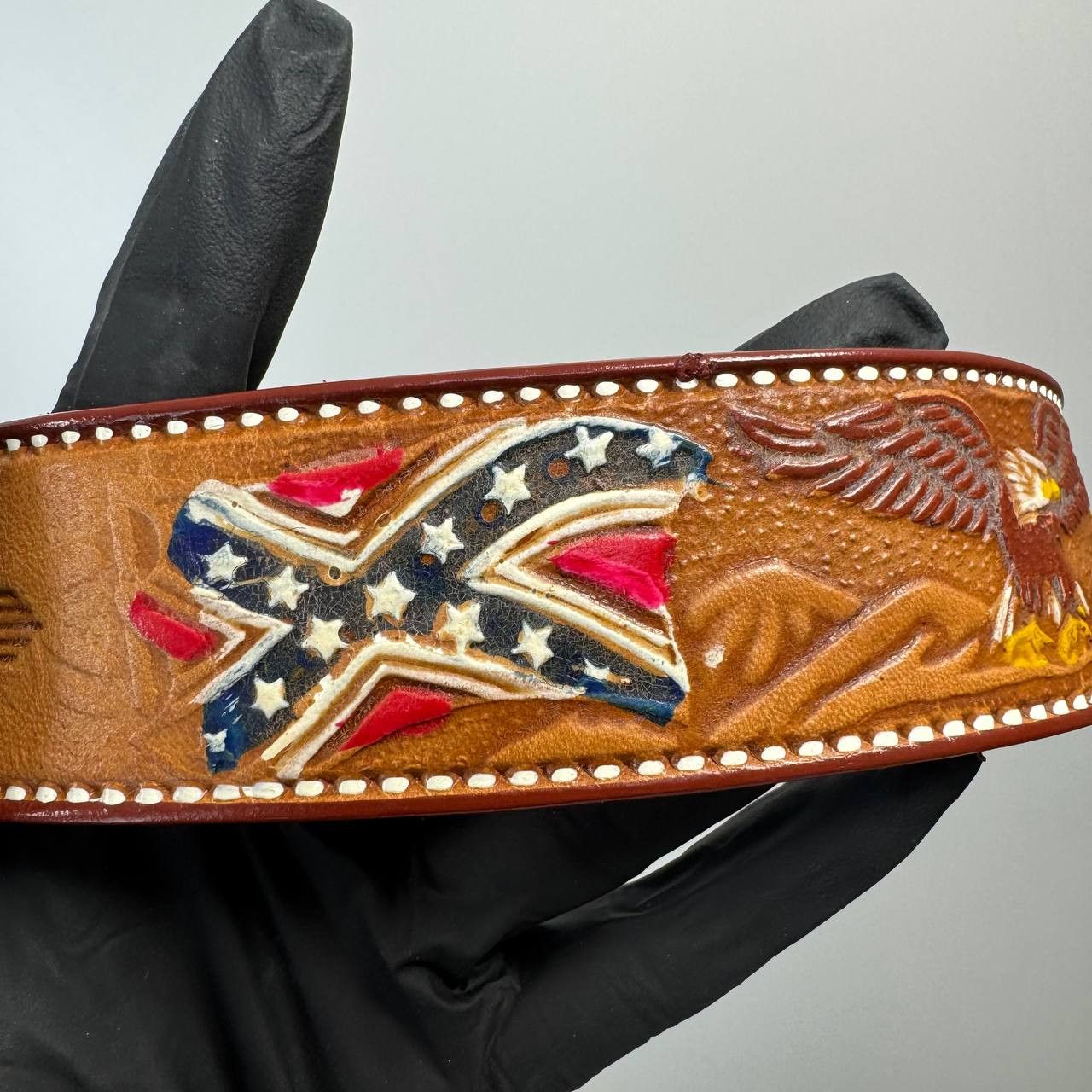 Stars & Stripes Vintage Stars And Stripes Western Leather Belt Tooled Brown Size 34 - 8 Thumbnail