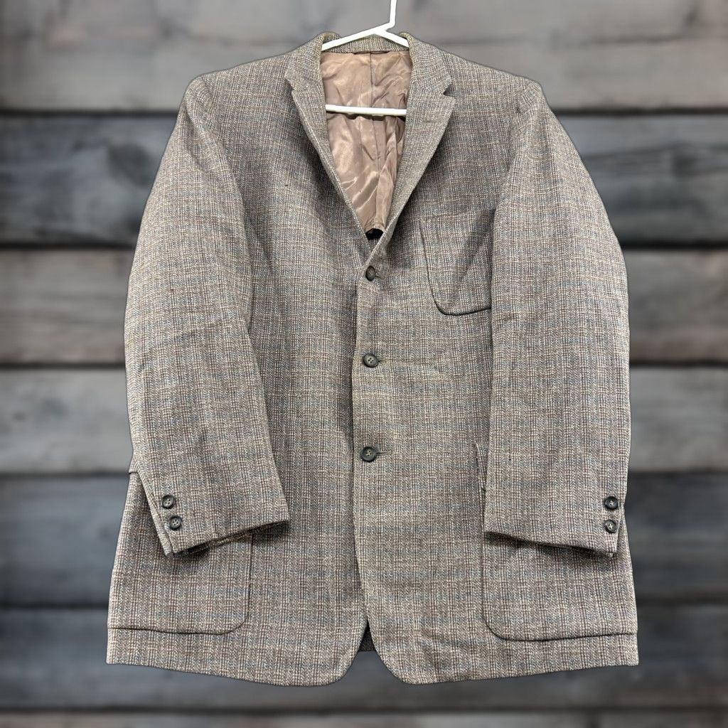 Vintage VINTAGE 60s Miller Brown Plaid Wool Blazer Coat 2 Piece Single-Breasted Notch Lapel Chest 44 Regular Mens Defective Holes 90s Sports Jacket Weathered Size 44R - 1 Thumbnail