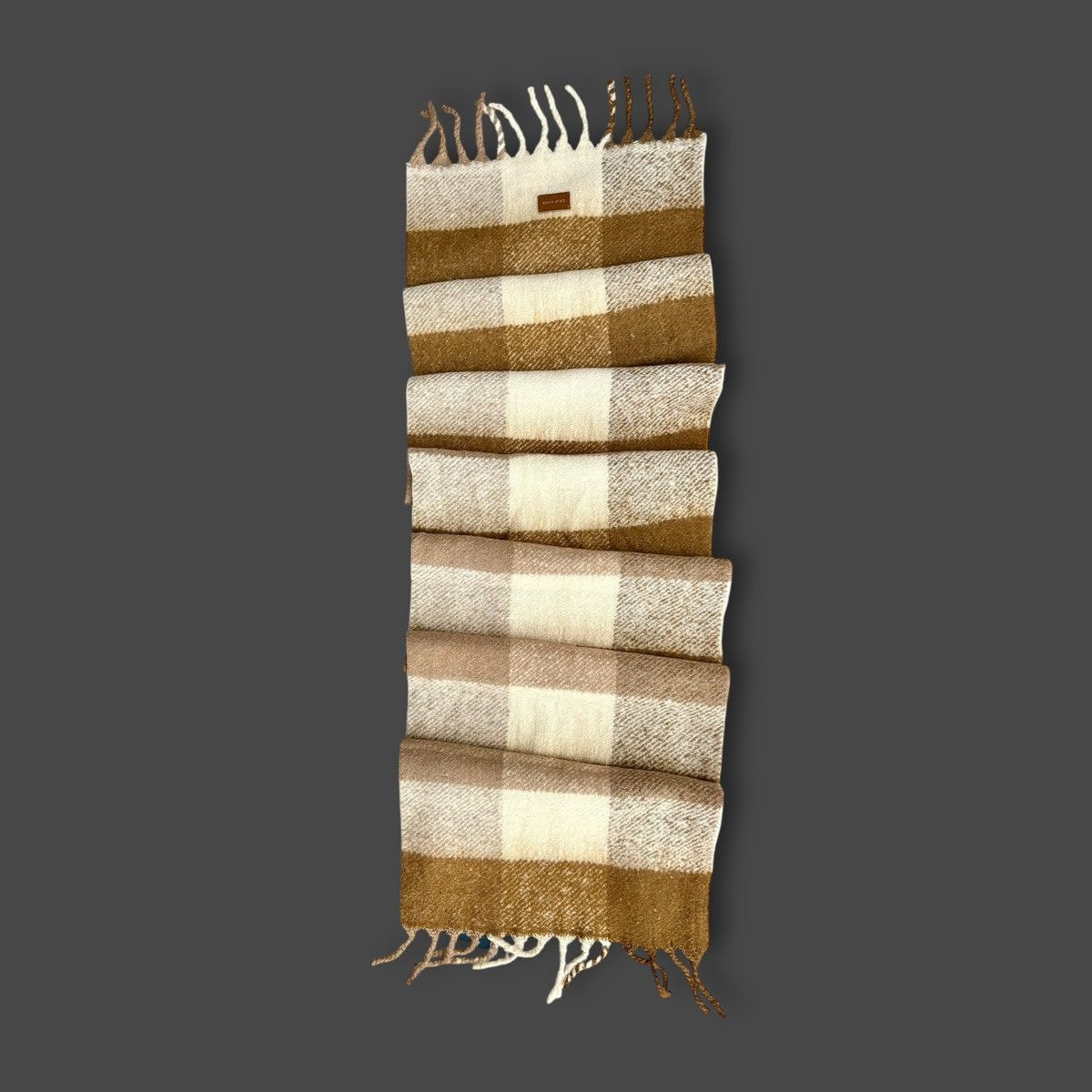 Cole Haan Cole Haan Oxford Tan Checkered Fringe Scarf 10”x70” Size ONE SIZE - 7 Thumbnail