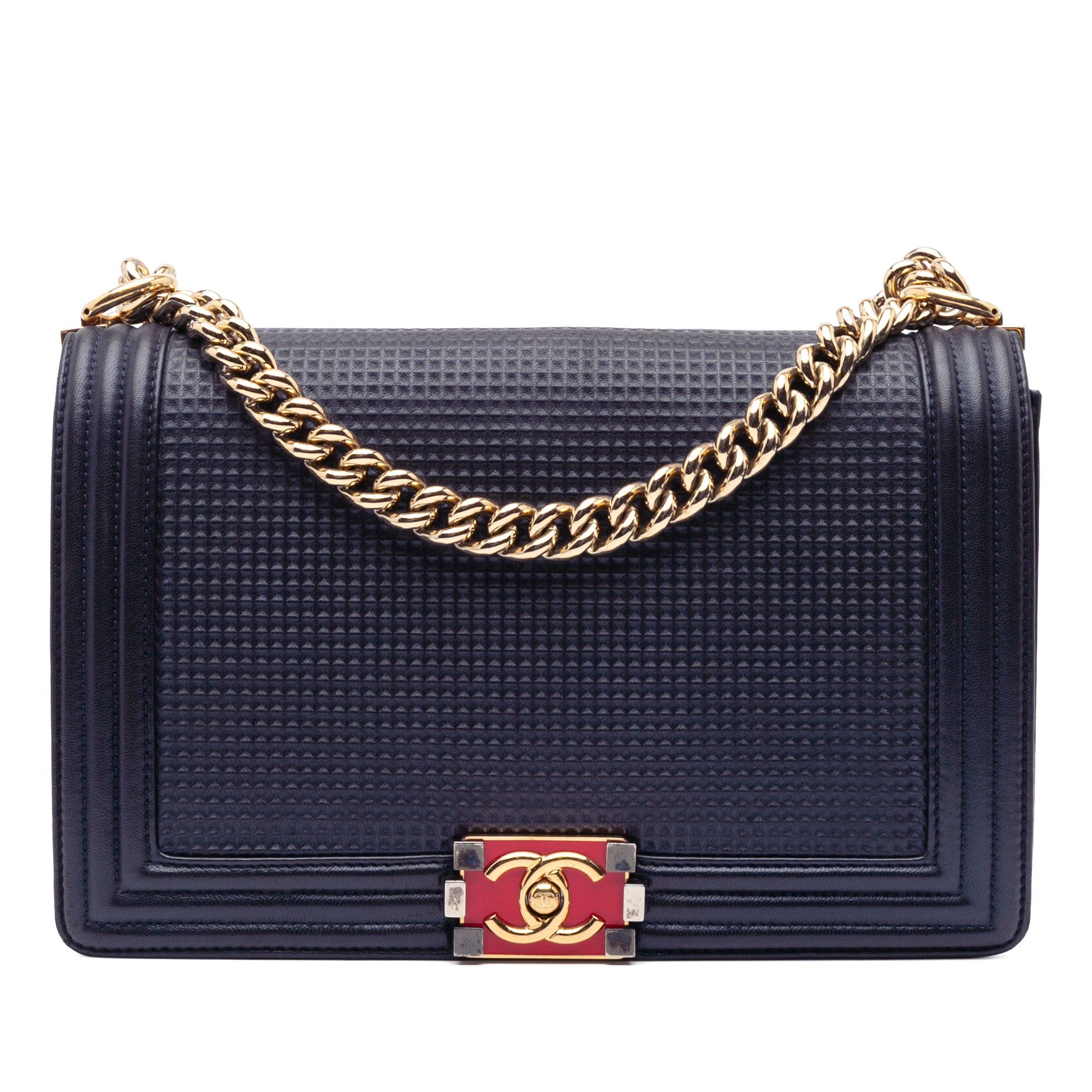 Chanel Large Lambskin Embossed Boy Cube Flap Blue