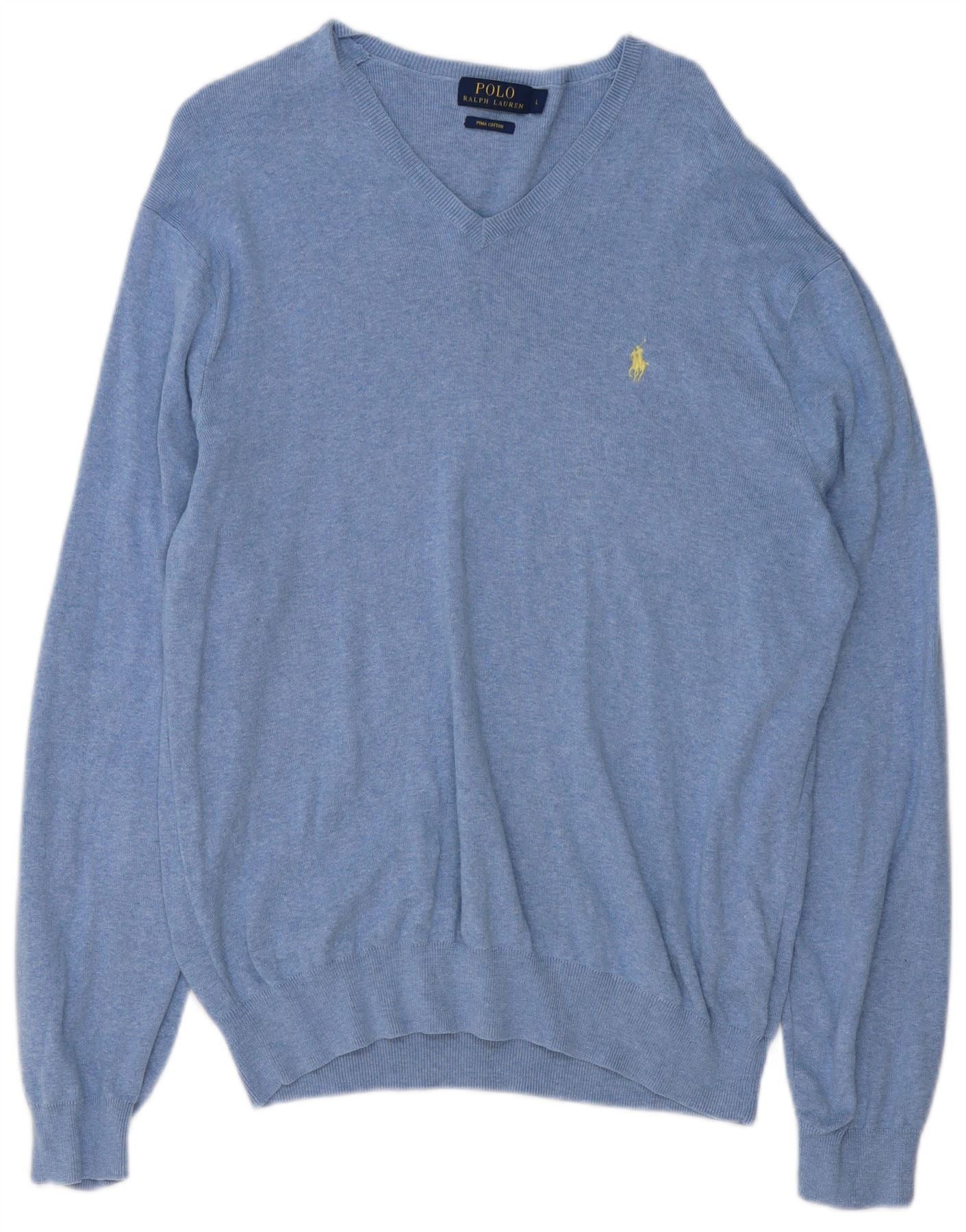 Polo Ralph Lauren Mens V-Neck Jumper Sweater Large Blue Cotton Size US XL / EU 56 / 4 - 1 Thumbnail