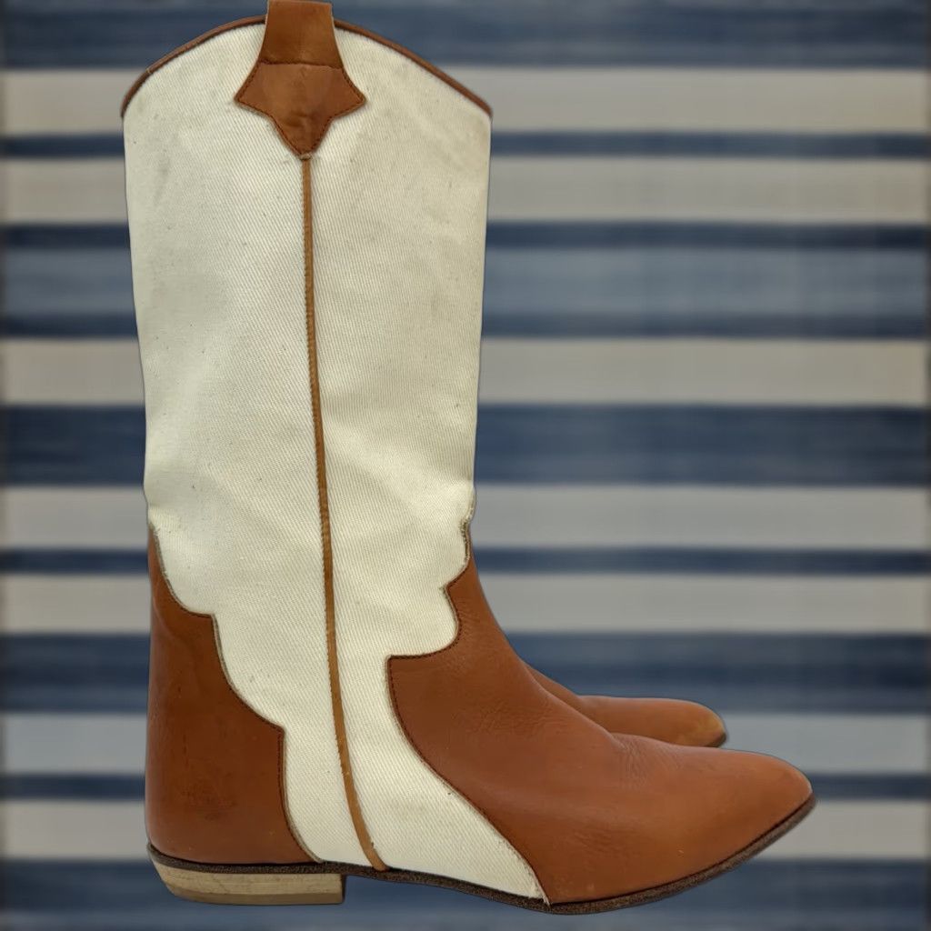 Vintage Seychelles Western Boots Size 6.5 WomenS Brown Leather Canvas Cowgirl Mid-Calf Block Heel Shoes, Women's