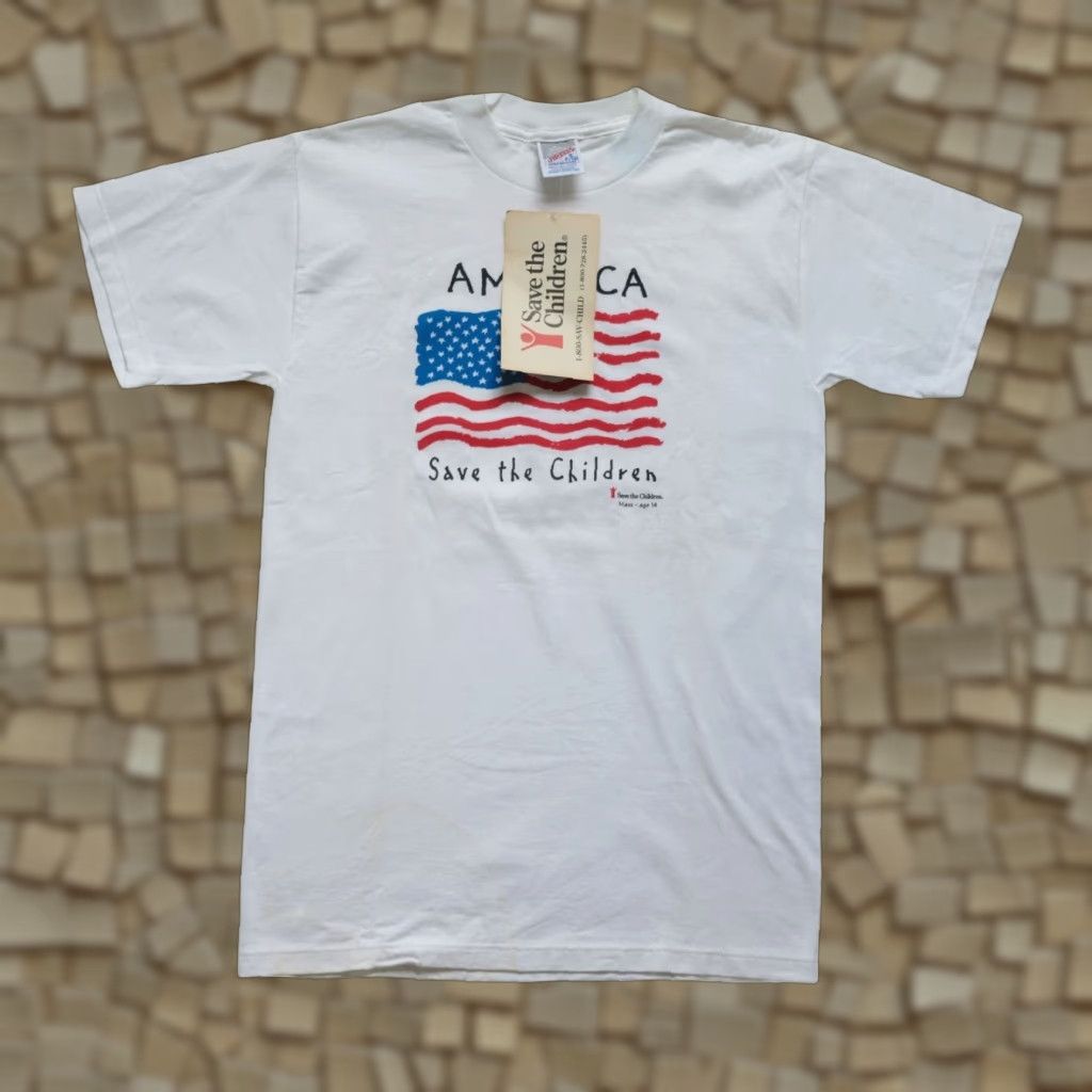 Jerzees VINTAGE JERZEES T-SHIRT White Cotton GRAPHIC USA SAVE THE CHILDREN Shirt S Mens Short Sleeve Crew Neck 18" Pit to Pit 28" Length NWT New Size US S / EU 44-46 / 1 - 1 Thumbnail