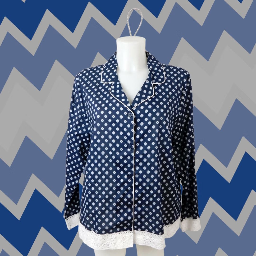Charter Club Charter Club Pajama Top Navy Floral Lace Trim Cotton Notch Collar Small Womens Size S / US 4 / IT 40 - 1 Thumbnail