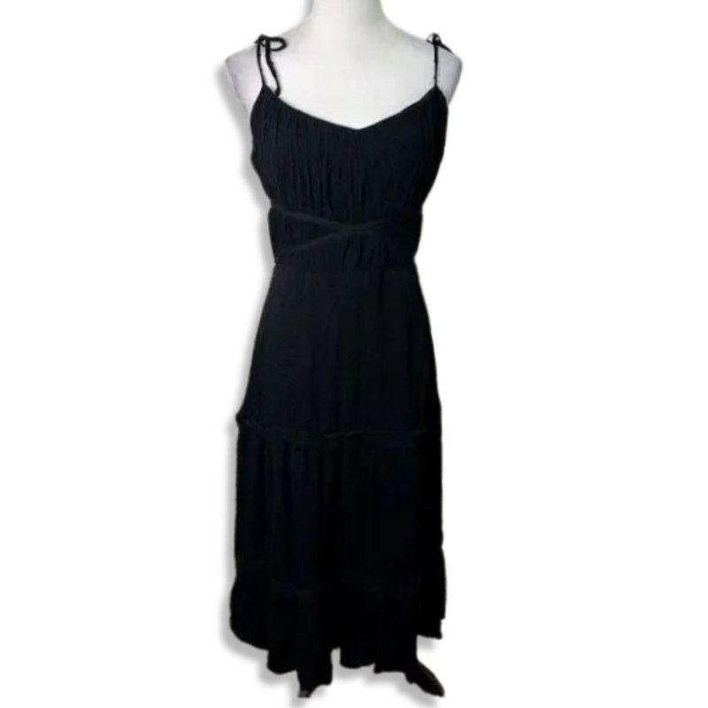 Paige Paige Midi Dress V-Neckline Tiered Swiss Dot Black Women's Size M / US 6-8 / IT 42-44 - 2 Thumbnail