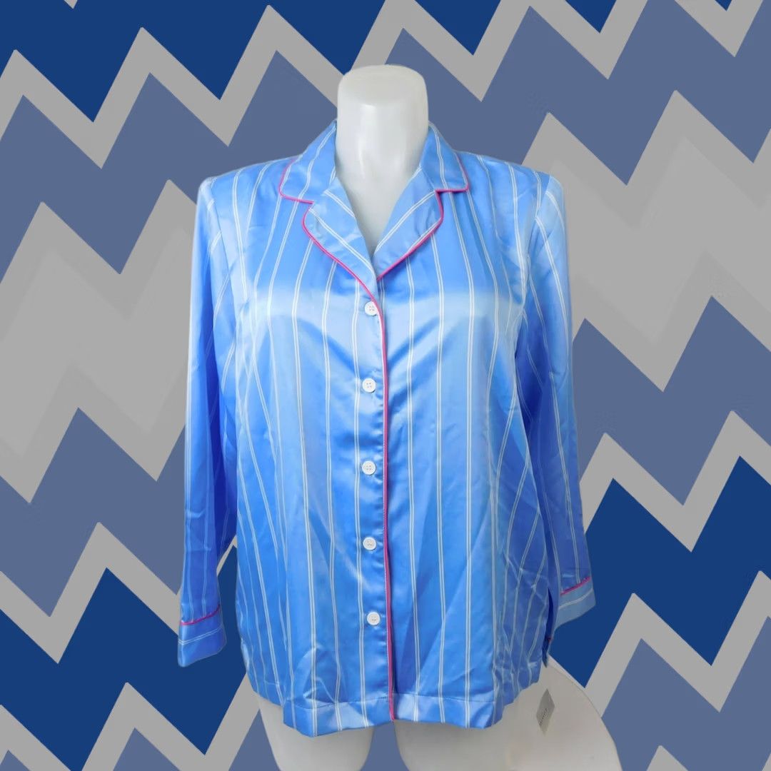 Charter Club Charter Club Pajama Top Shirt Notch Collar Satin Long Sleeve Blue Stripe Large Adult Women XS? Size L / US 10 / IT 46 - 1 Thumbnail