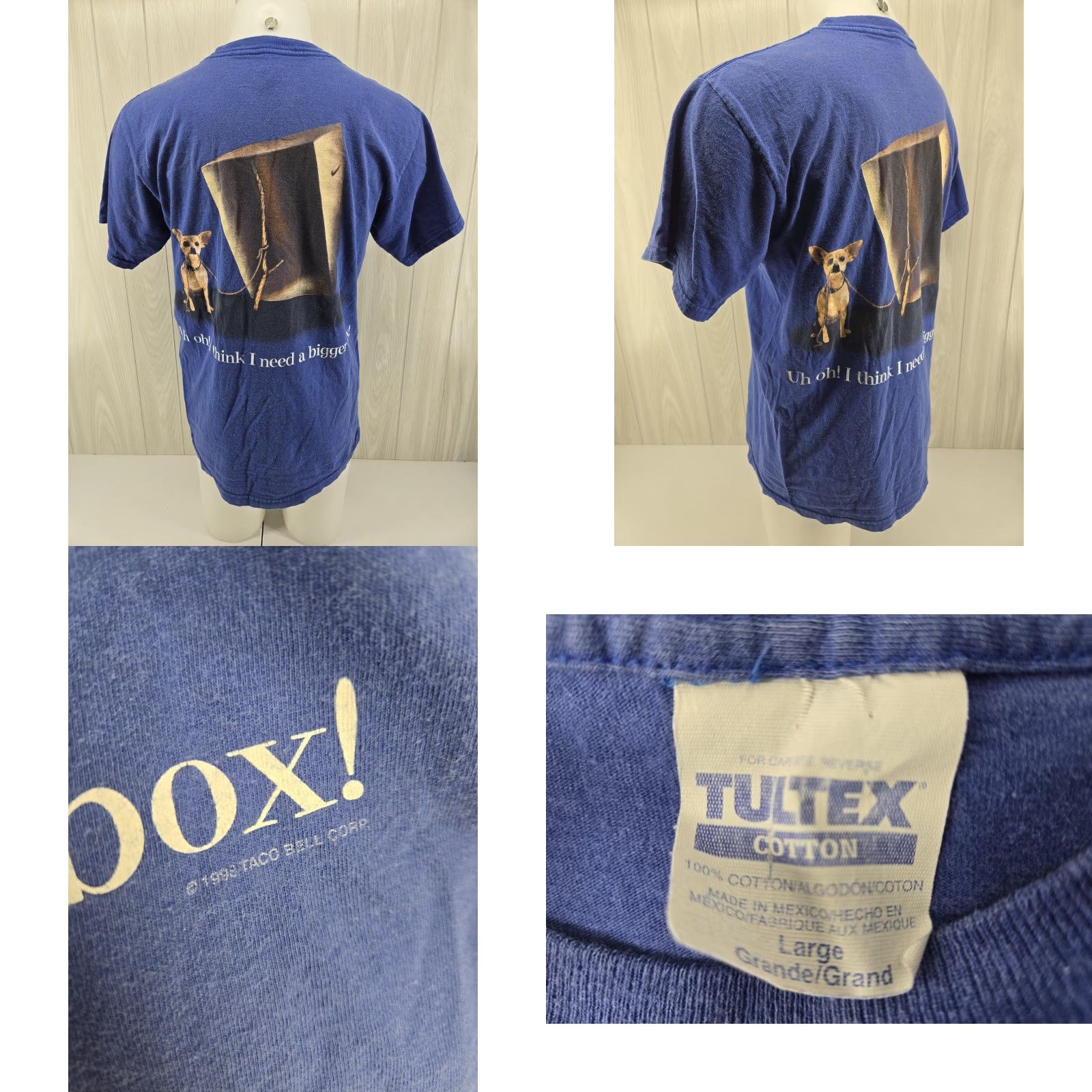 Tultex VINTAGE Tultex T-Shirt Double-Sided Blue LARGE Graphic Print 90s Taco Bell Here Lizard Chihuahua Godzilla Dogs Dogs Mens Shirt Size US L / EU 52-54 / 3 - 9 Thumbnail