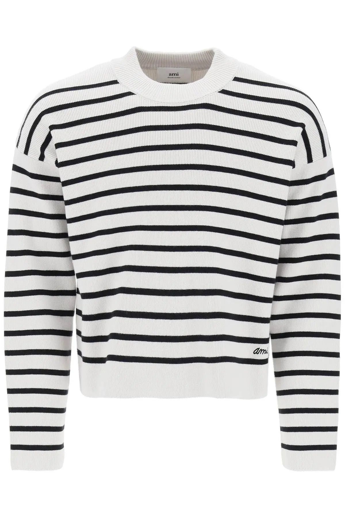 image of Ami O1S22I1N0324 Striped Magic Pullover Sweater In White Black, Women's (Size Large)