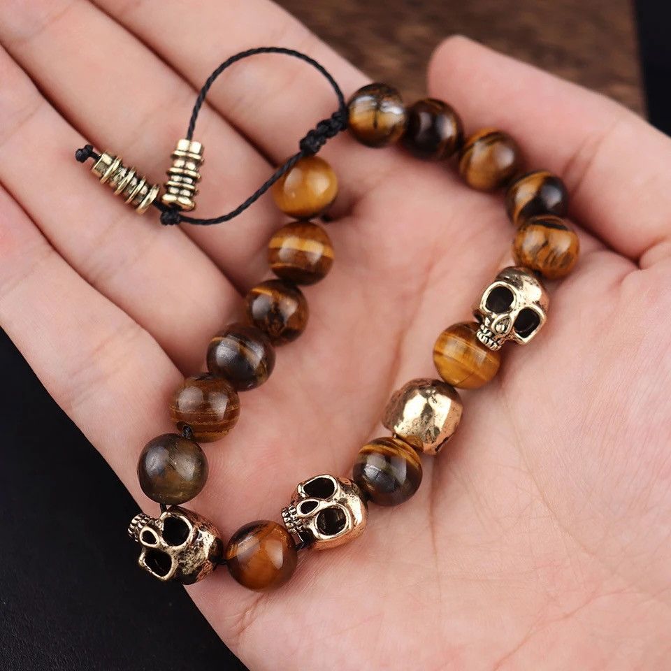 Jewelry Gothic Skull Head Charm Tiger eye Bracelet Size ONE SIZE - 3 Thumbnail