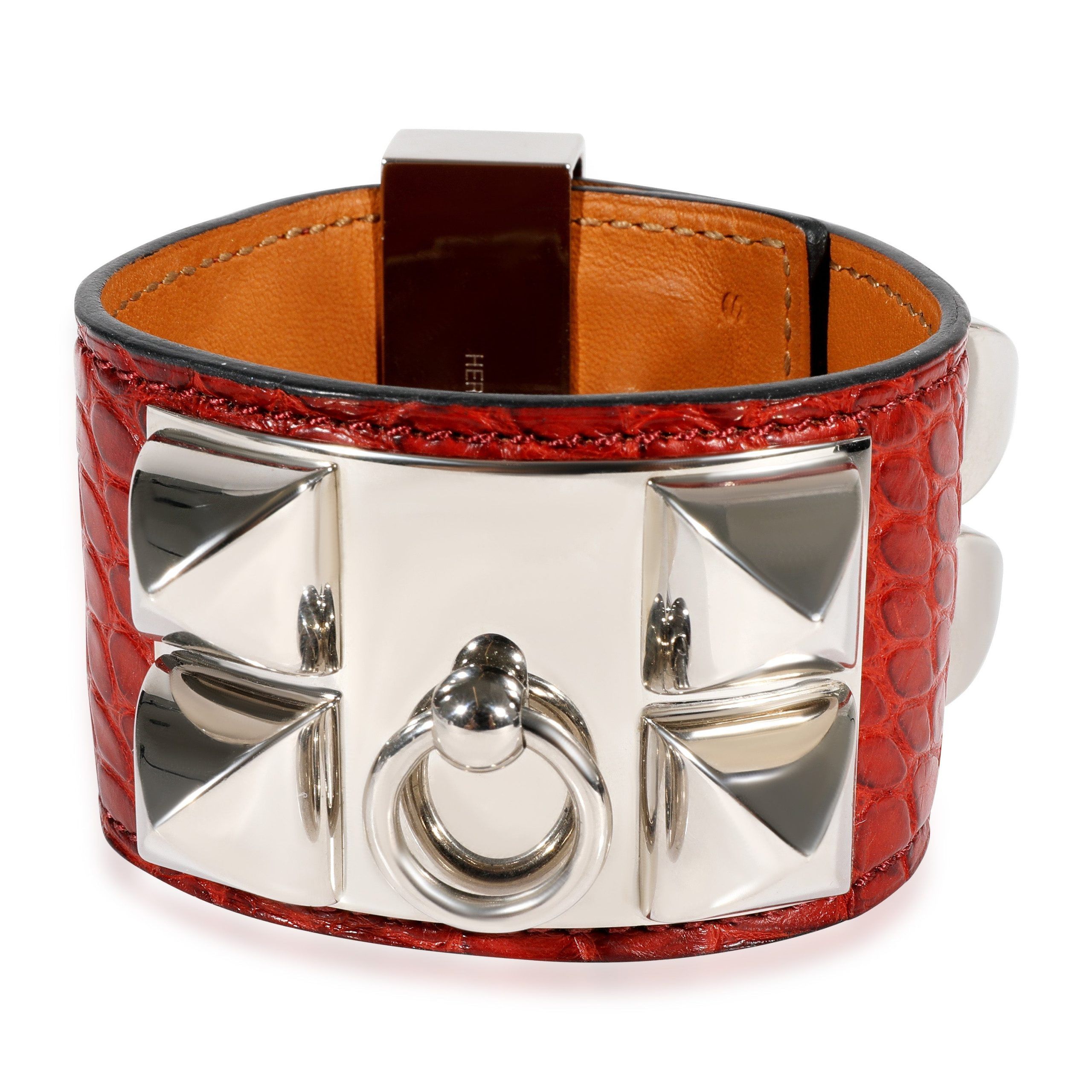 image of Hermes Collier De Chien Dark Red Crocodile Leather Bracelet in Silver, Women's