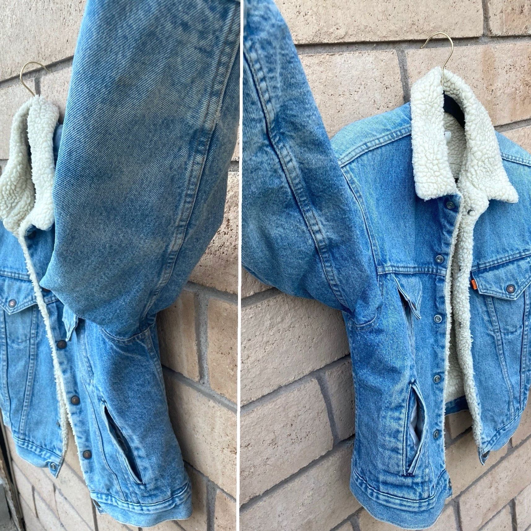 Levi's VINTAGE Levi’s Trucker Denim Jacket Orange Tab Made in USA 42 Sherpa Lined Western Quilted Nylon Sleeves Mens Size US XS / EU 42 / 0 - 3 Thumbnail