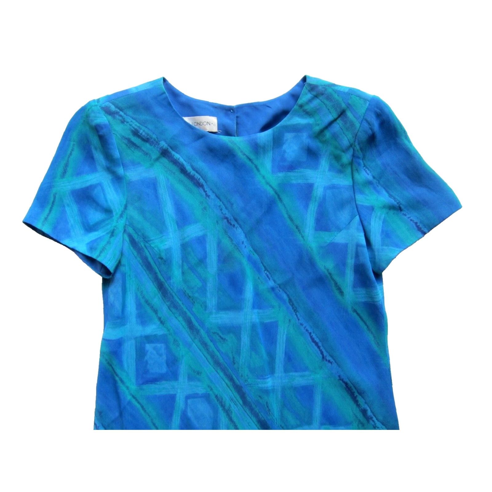 MAGGY LONDON VINTAGE Maggy London Dress Women 6 Blue Green 100% Rayon Short Sleeve Midi Shift Shirt/ Dress (Dress Length: Midi) Size 28" / US 6 / IT 42 - 4 Thumbnail