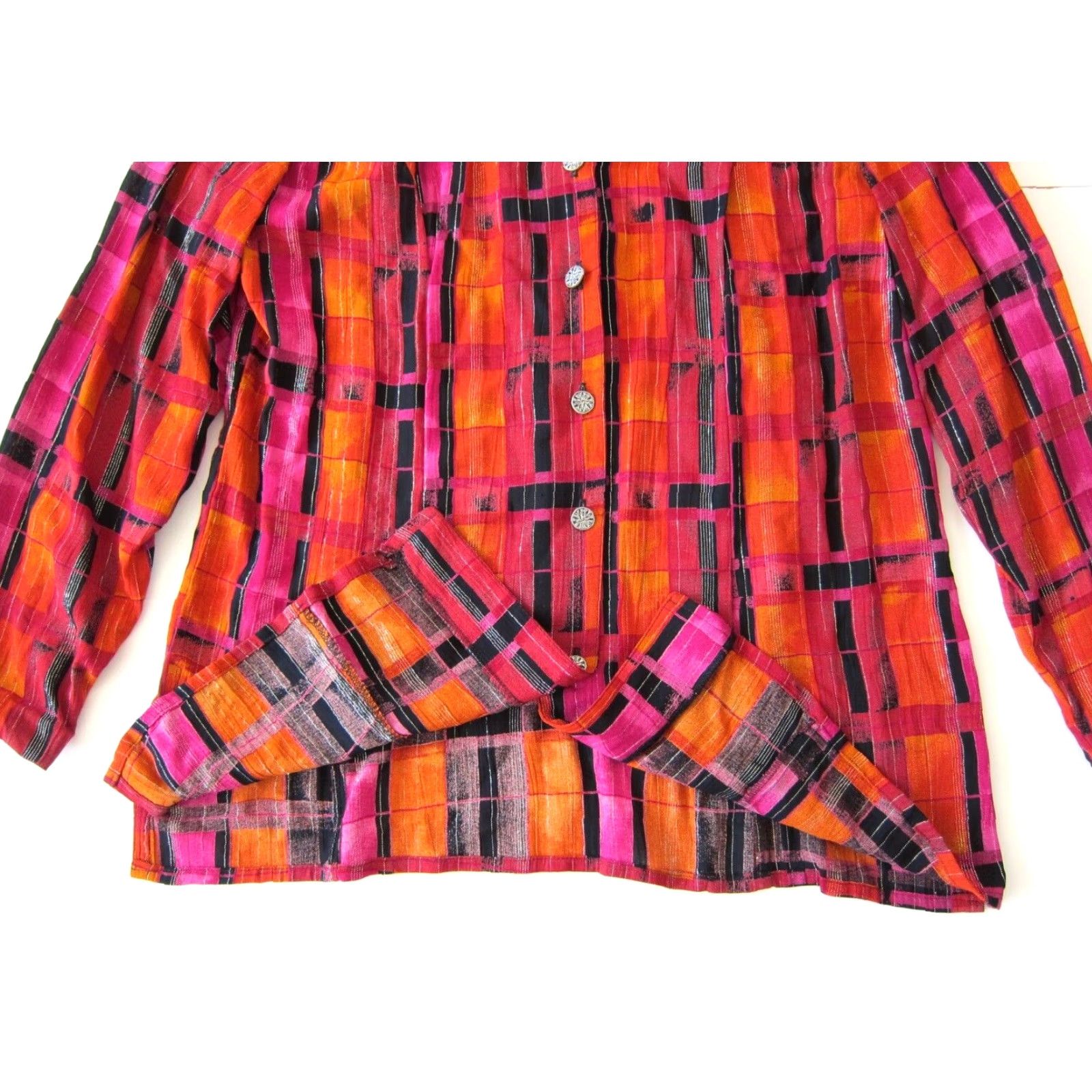 Pinko VINTAGE C.M. Shapes Blouse Shirt Womens Small Plaid Rayon Pink Orange Black Button Down Knit Tunic Casual Size S / US 4 / IT 40 - 5 Thumbnail