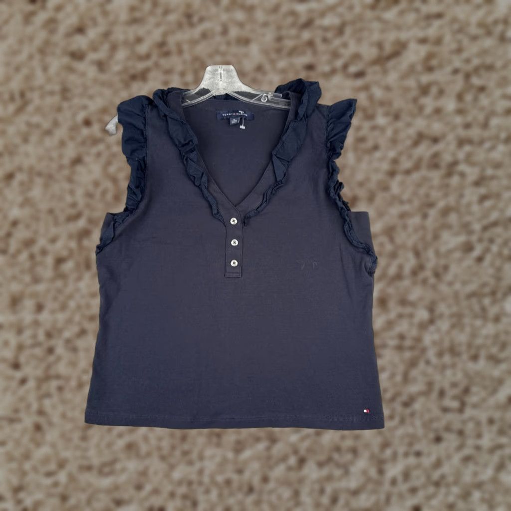 Tommy Hilfiger Tommy Hilfiger Blue Tank Top Women XL V-Neck Ruffle Striped Cotton Casual 80s 90s Size XL / US 12-14 / IT 48-50 - 1 Thumbnail