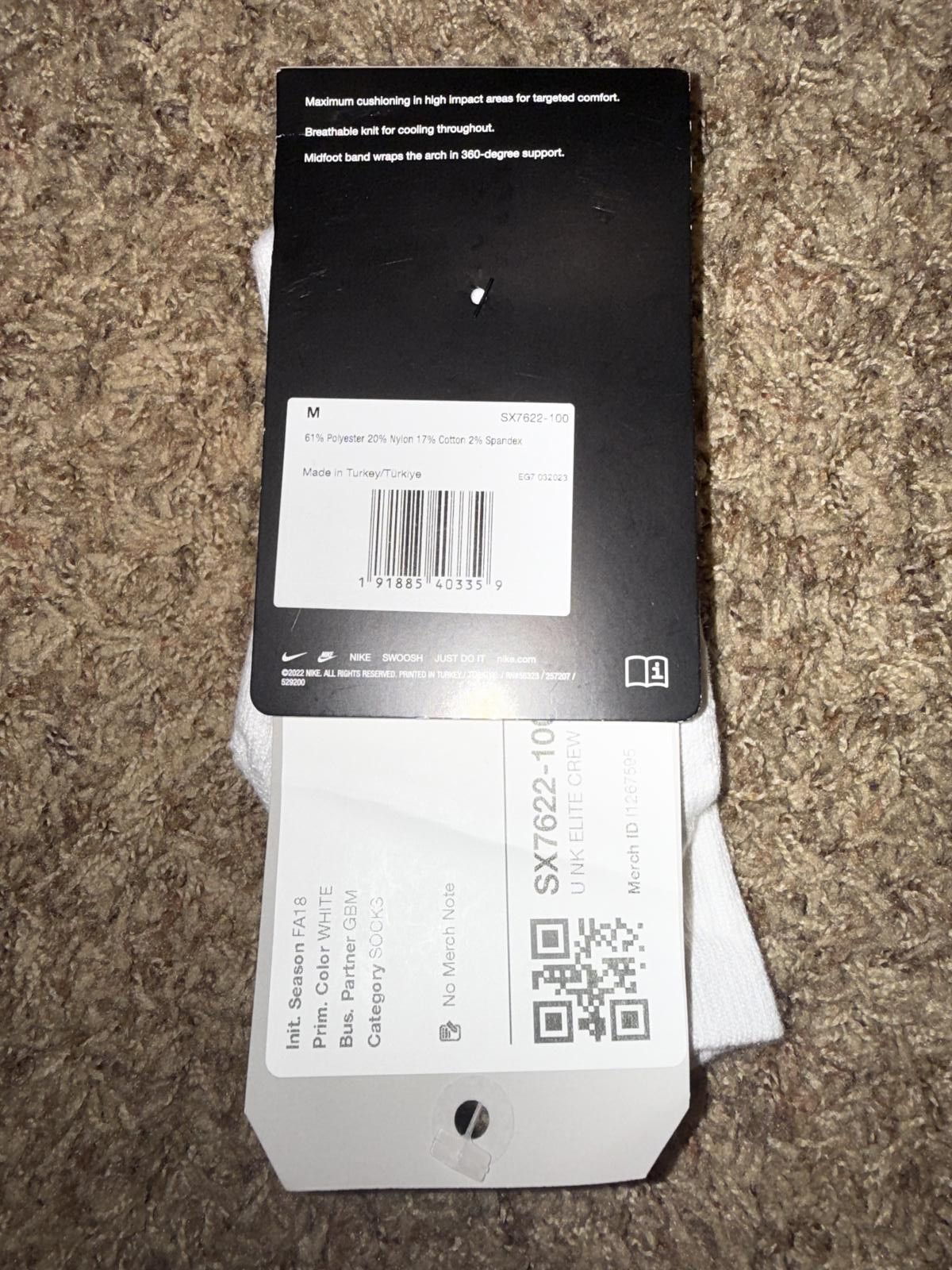 Nike Nike Elite Crew Basketball White Black Single Pair Sample Size ONE SIZE - 7 Thumbnail