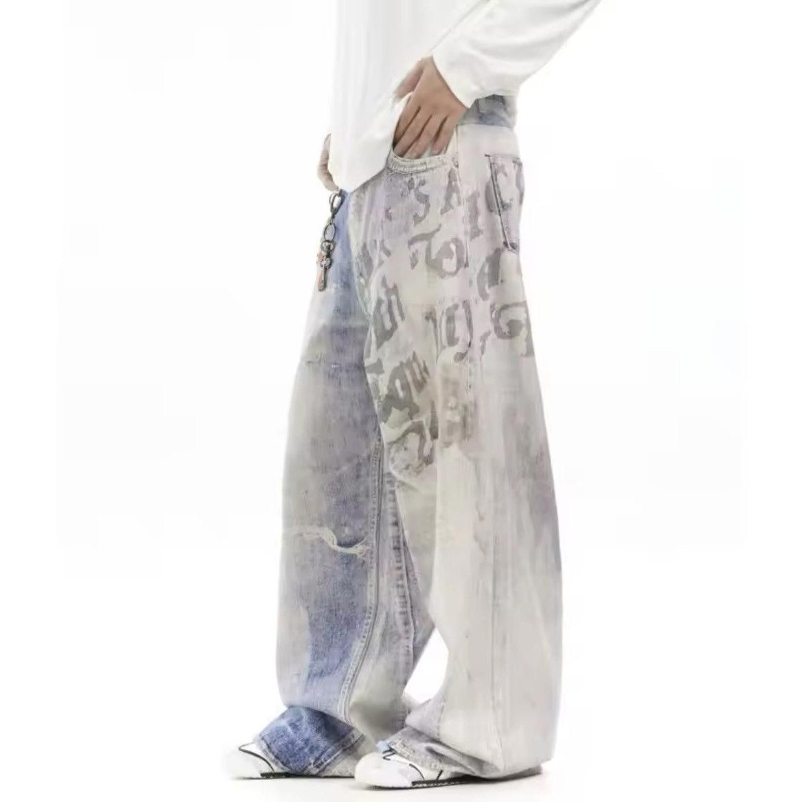 Letters Disstressed Washed Wide Leg Jeans