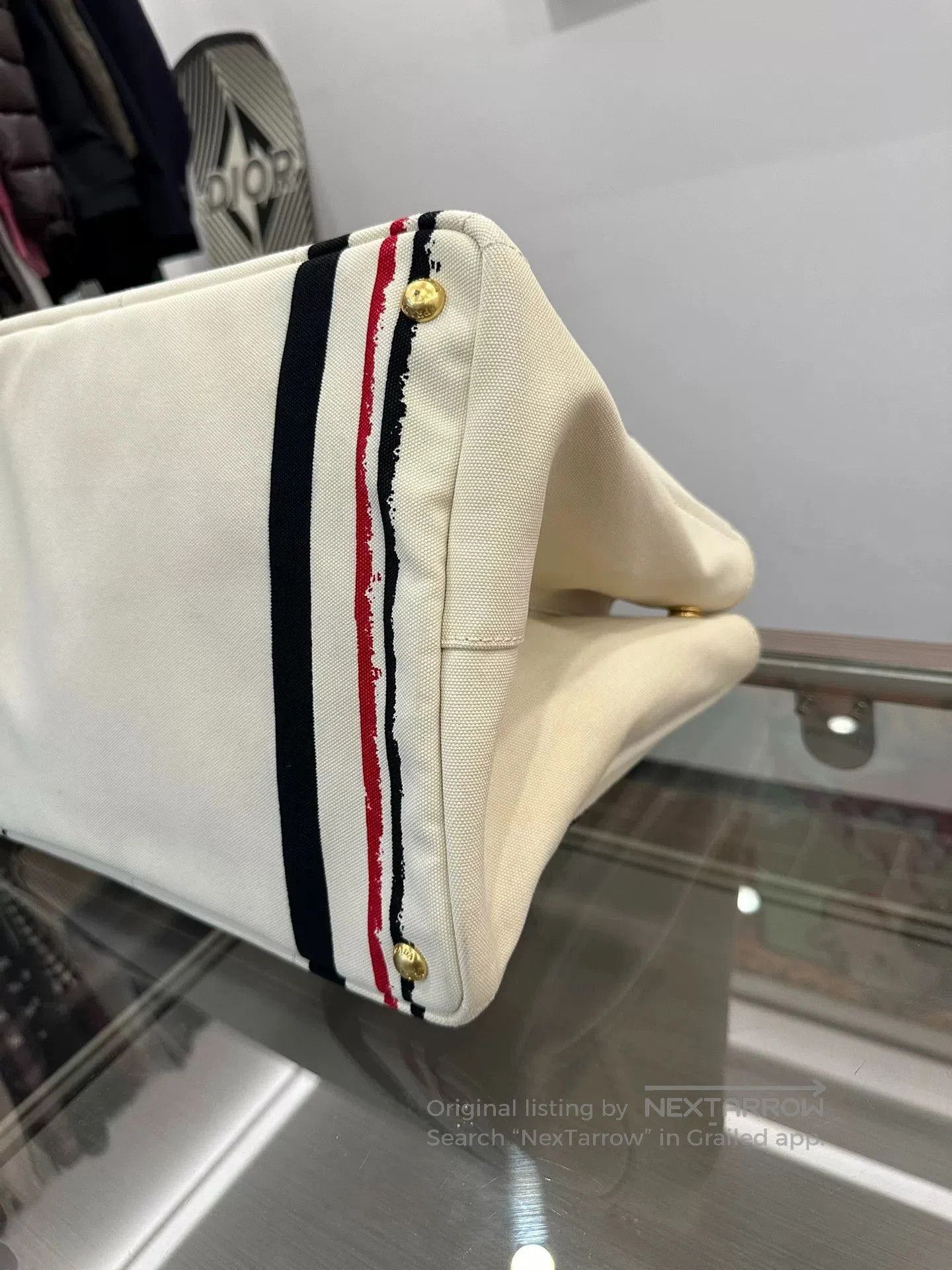 Prada Prada Side Triangle Logo White Striped Canvas Tote. Size ONE SIZE - 7 Thumbnail
