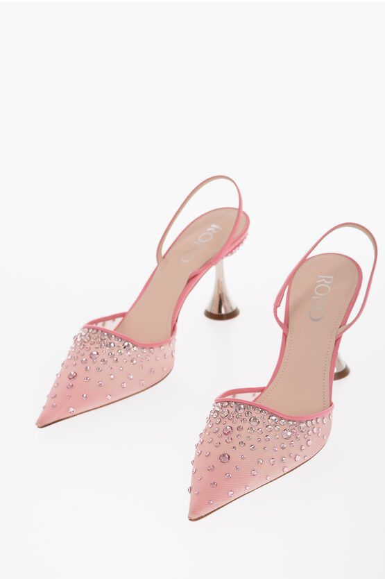image of Rodo Mesh Assia 80 Slingback Pumps With Rhinestone Embellishment Shoes in Pink, Women's