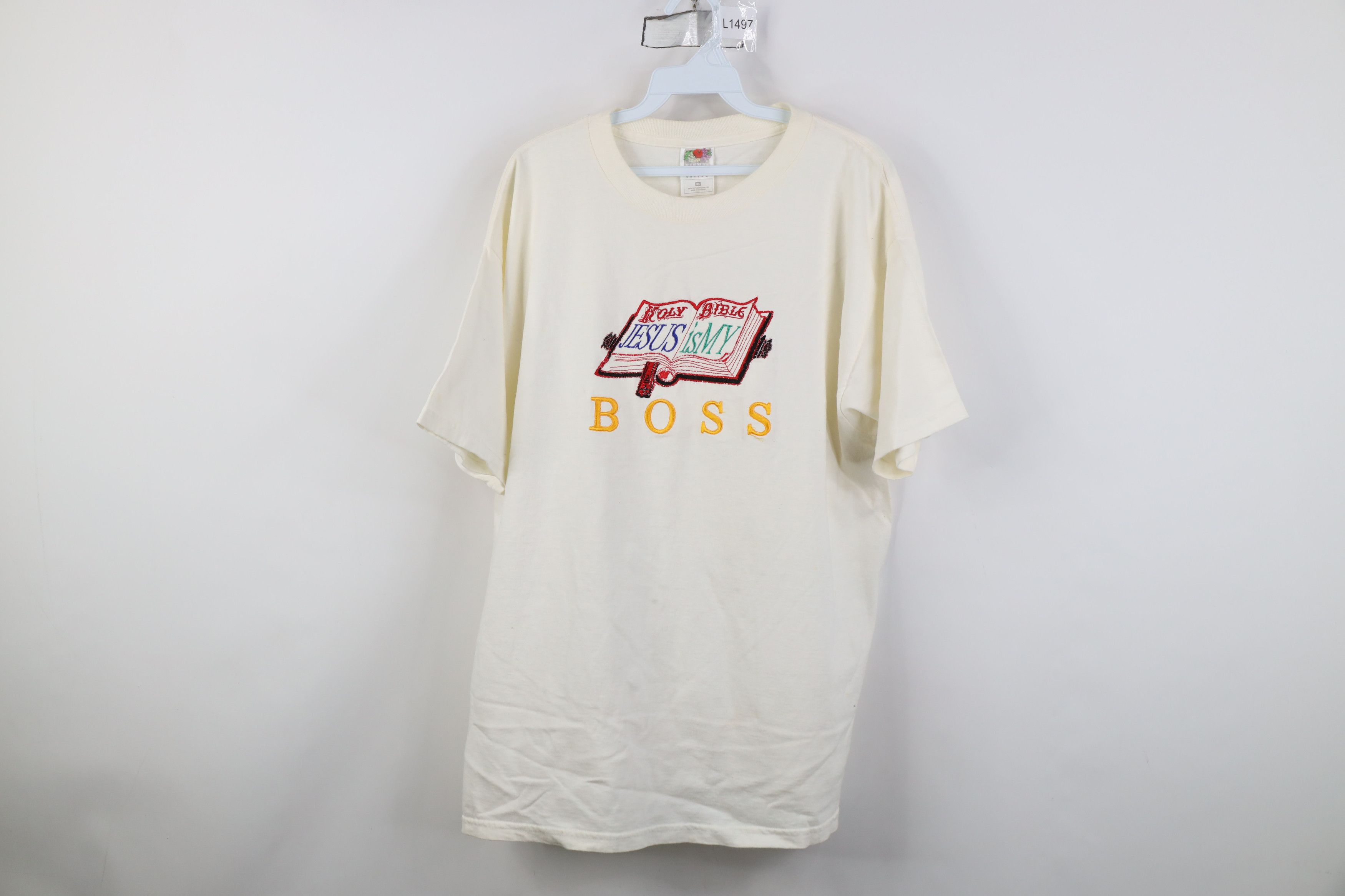 Vintage Vintage 90s Streetwear Jesus Is My Boss Holy Bible T-Shirt Size US XL / EU 56 / 4 - 1 Thumbnail
