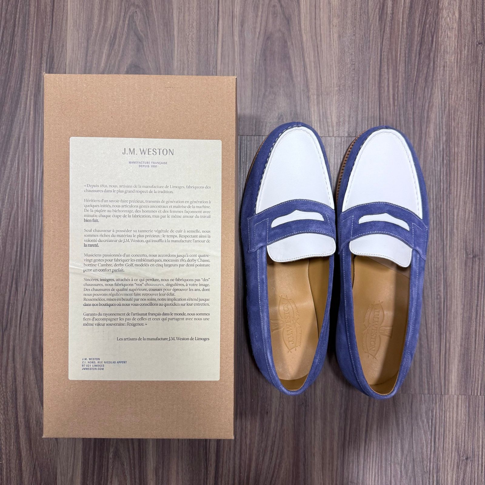 J.M. Weston NIB J.M Weston 180 Blue & White Penny Loafers Size 9US / 8UK Size US 9 / EU 42 - 11 Thumbnail