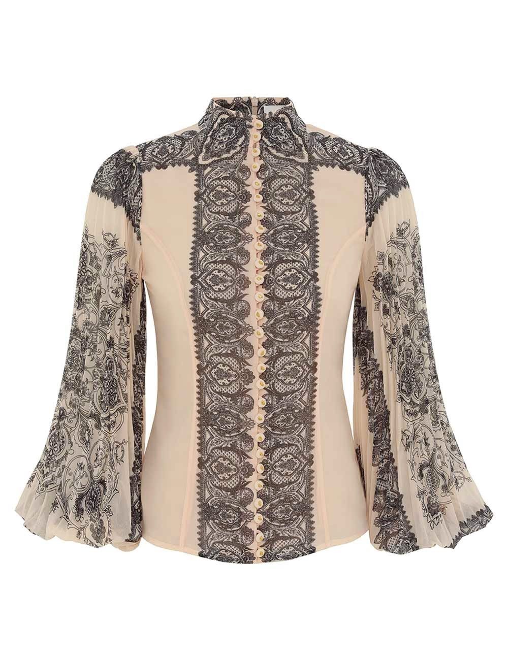 oc11z0825 Sunray Pleated Blouse in Macadamia/Black