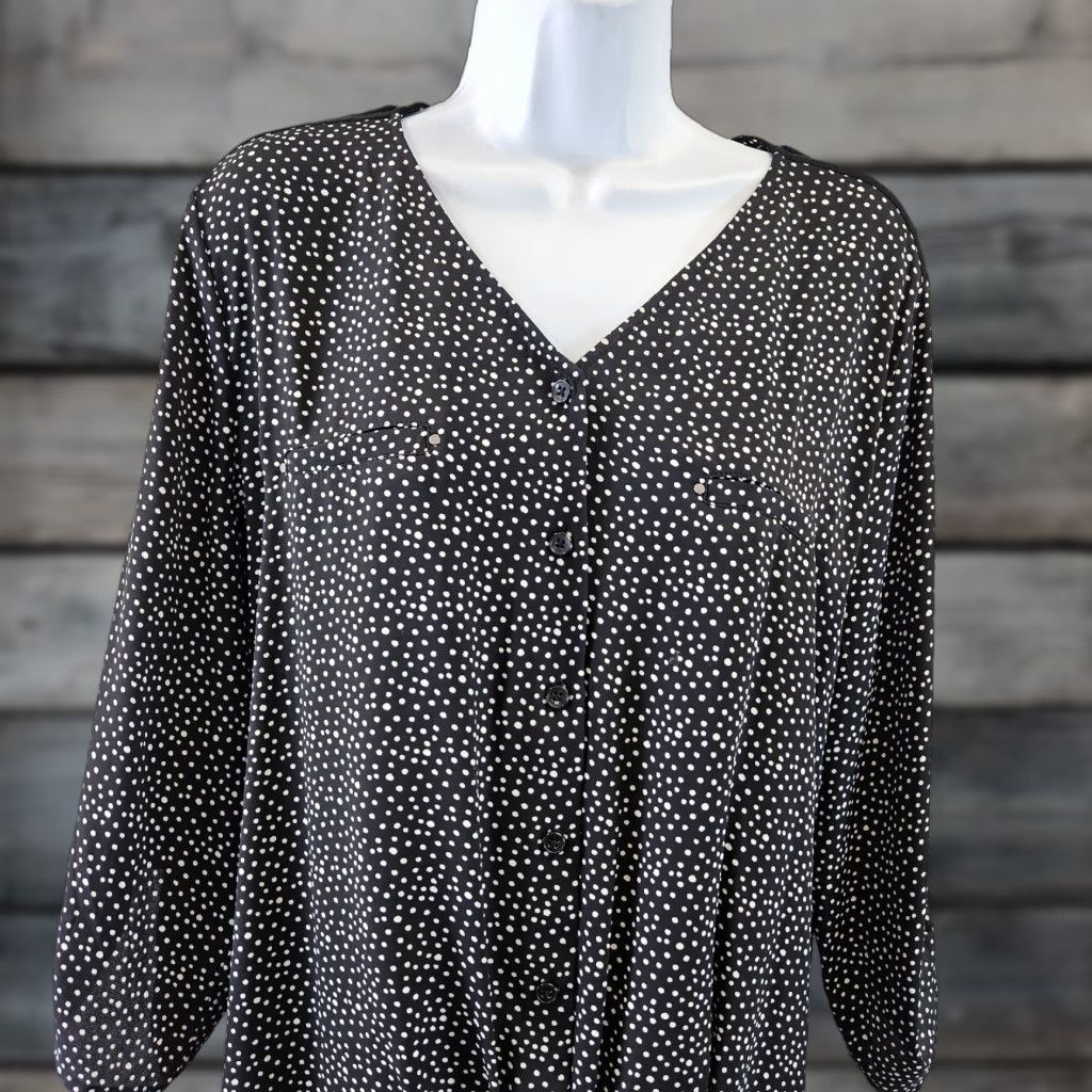 Vintage Chico's Womens Button-Up Top L Black White Polka Dot 3/4 Sleeve V-Neck Shirt Women Size L / US 10 / IT 46 - 1 Thumbnail