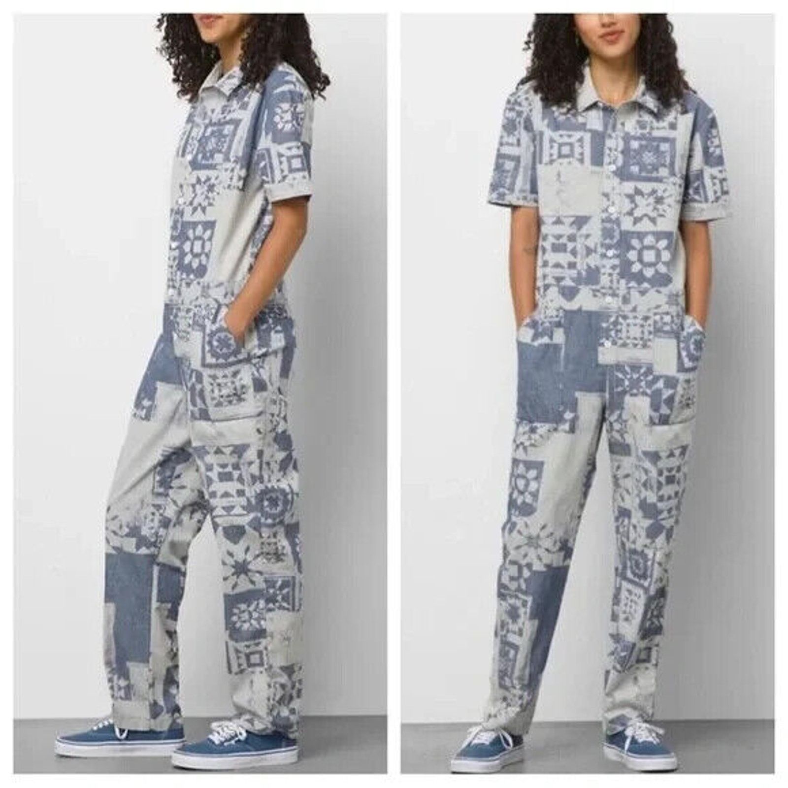 Vans VANS MORO BLUE & WHITE PATCHWORK BUTTON UP COVERALLS SZ XS Size 36" / US 14 / IT 50 - 1 Thumbnail