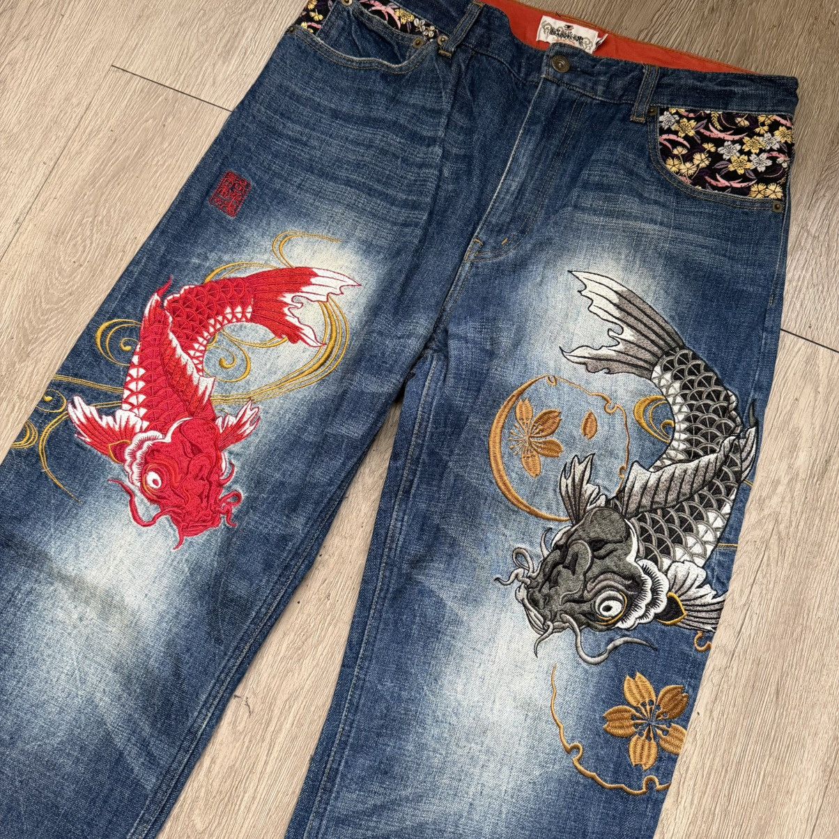 Karakuri Tamashii Karakuri Tamashii Koi Fish Denim Jeans 2000’s Japan Size US 33 - 2 Thumbnail